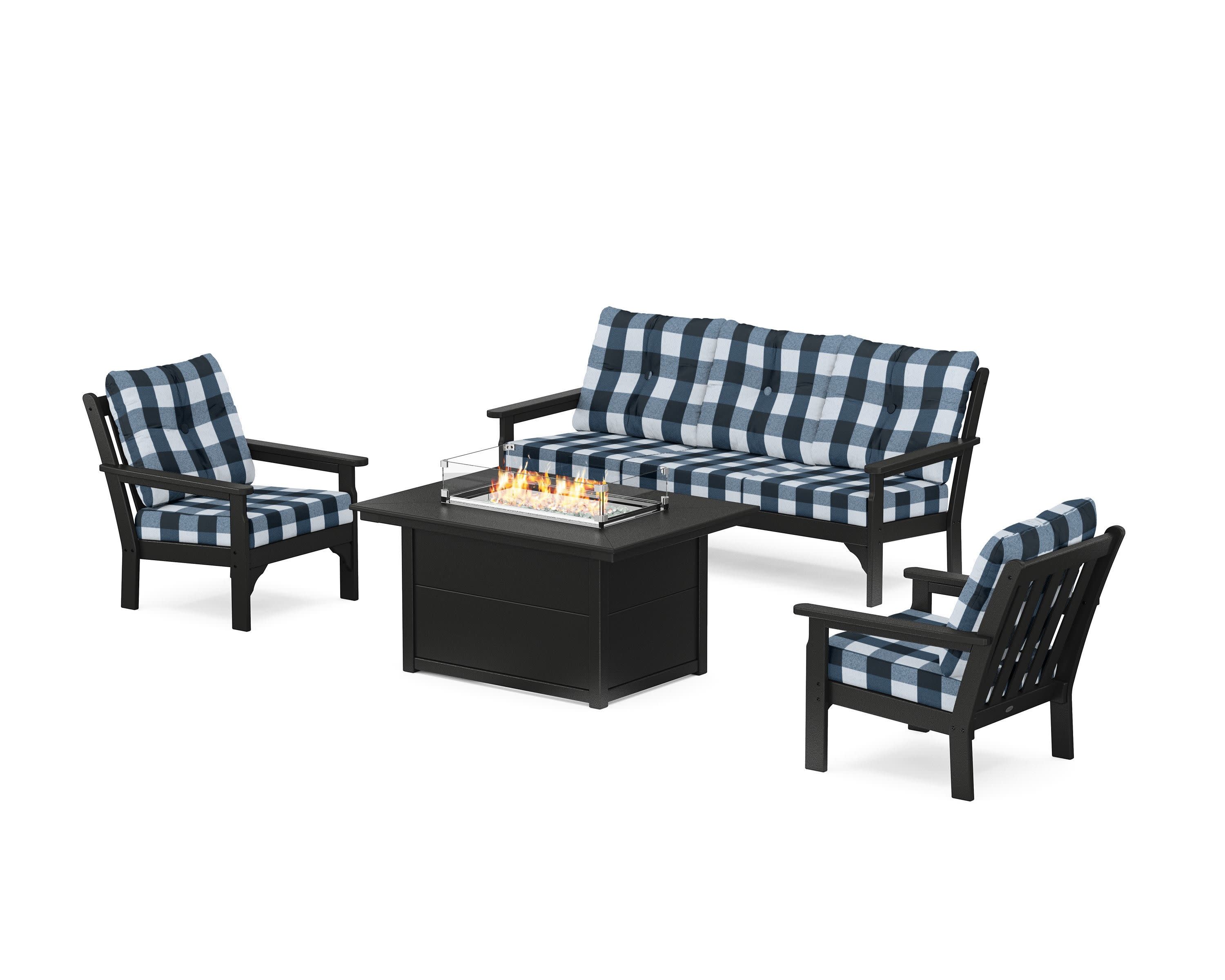 Vineyard Deep Seating Fire Pit Table Set in Black / Buffalo Plaid Marine Indigo