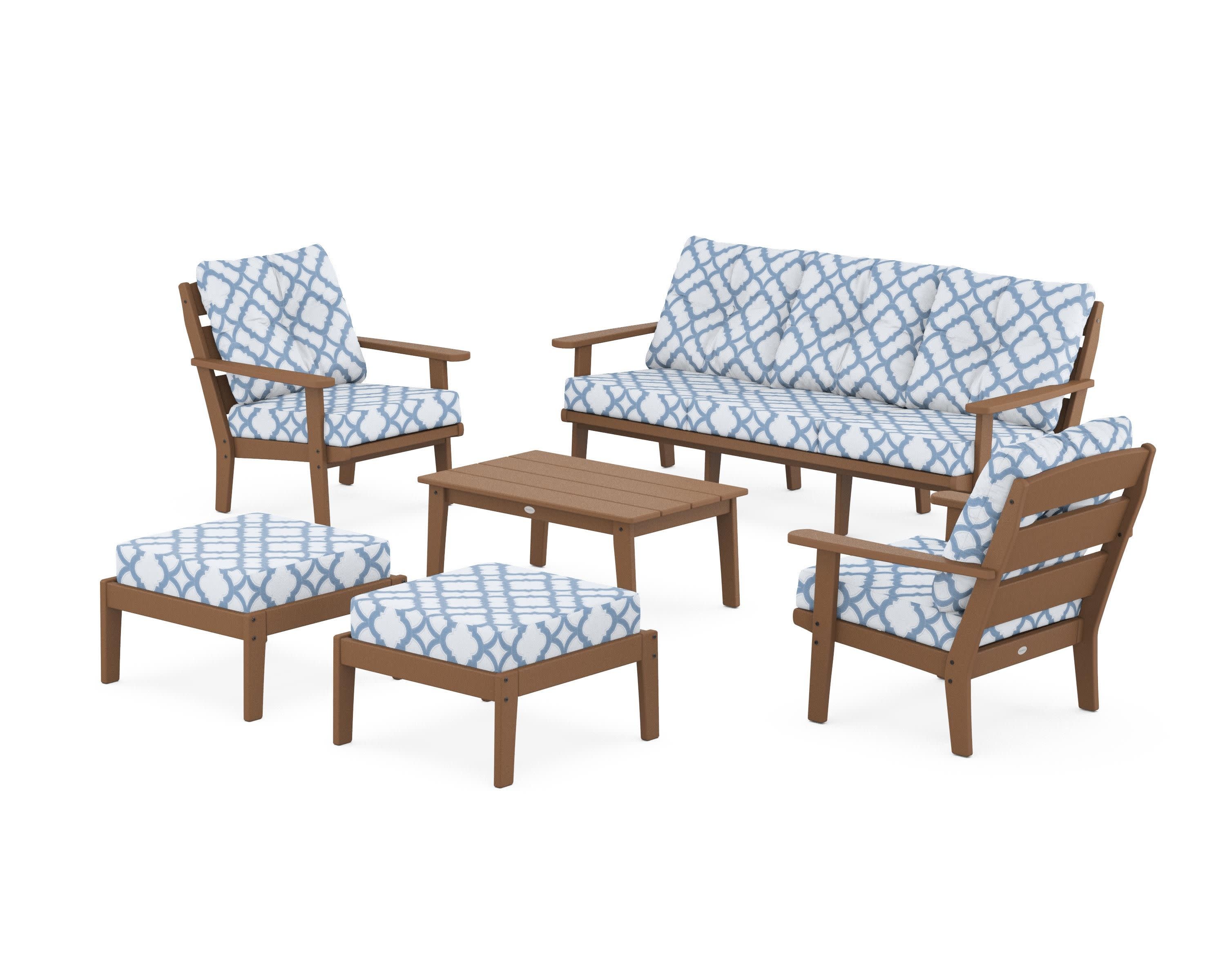 Lakeside 6-Piece Lounge Sofa Set in Teak / Trellis Sky Blue