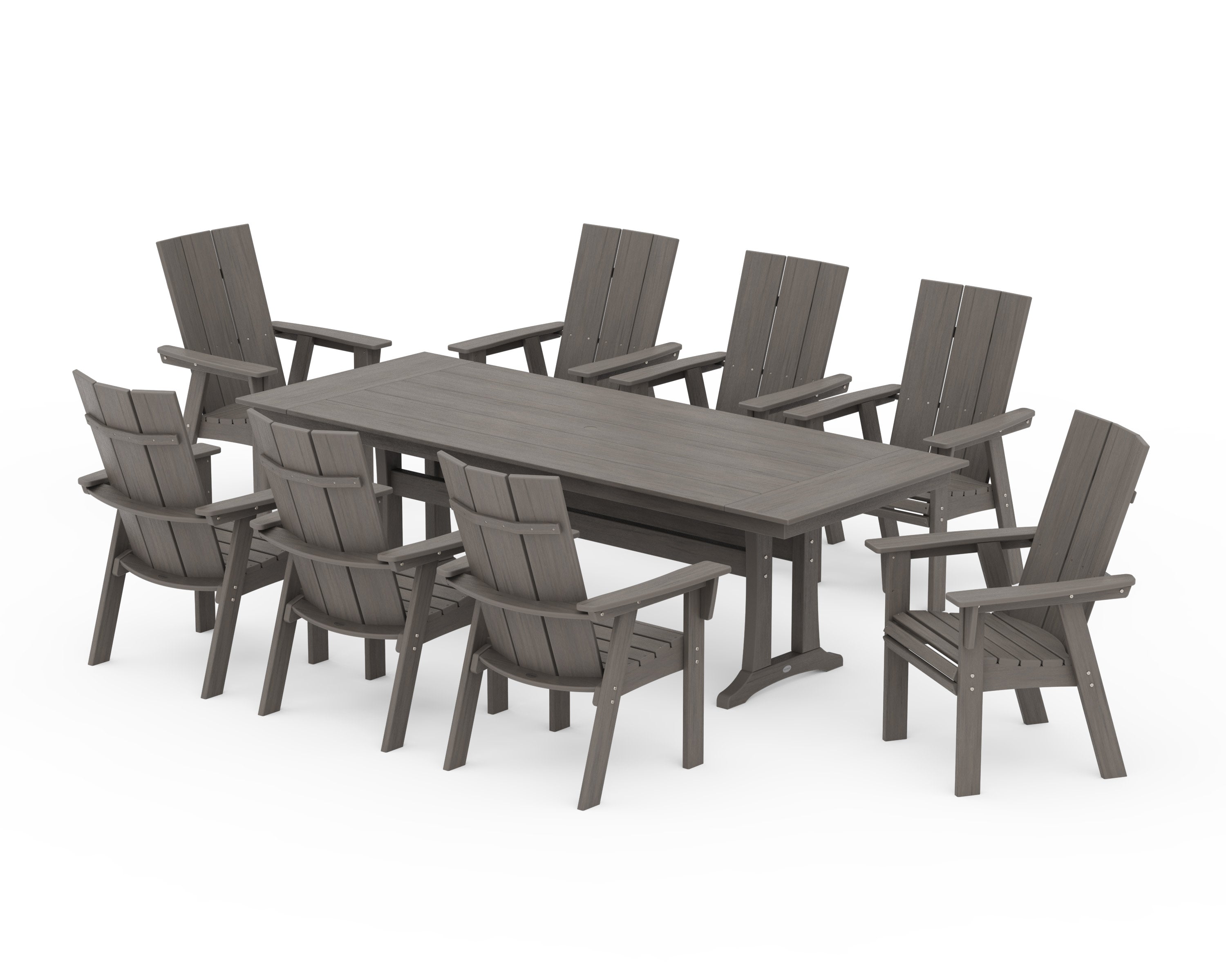 Modern Curveback Adirondack 9-Piece Farmhouse Dining Set with Trestle Legs in Driftwood