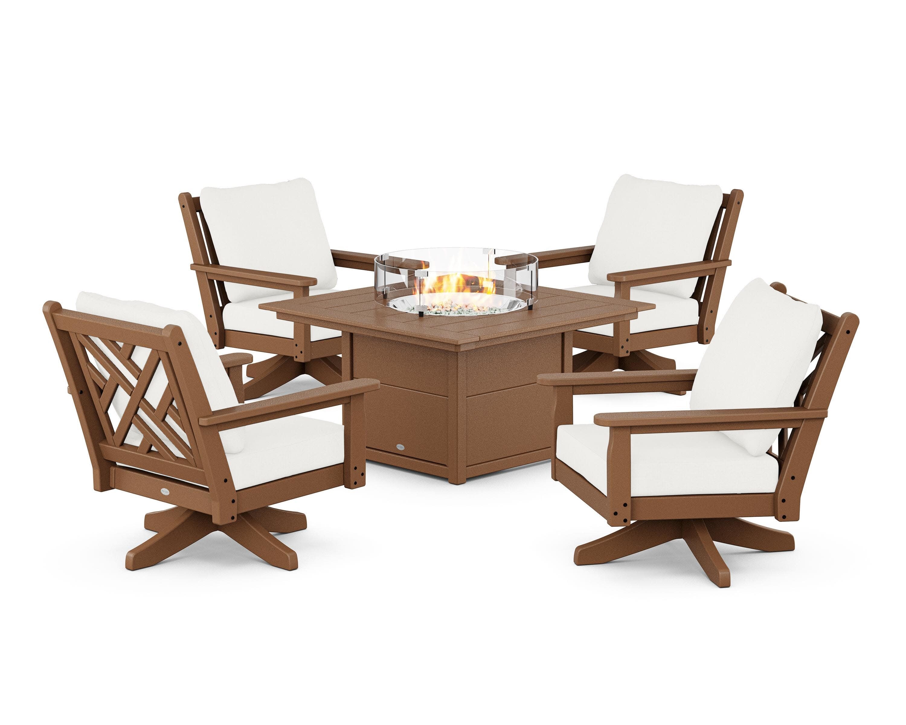 Chippendale 5-Piece Deep Seating Swivel Conversation Set with Fire Pit Table in Teak / Natural Linen