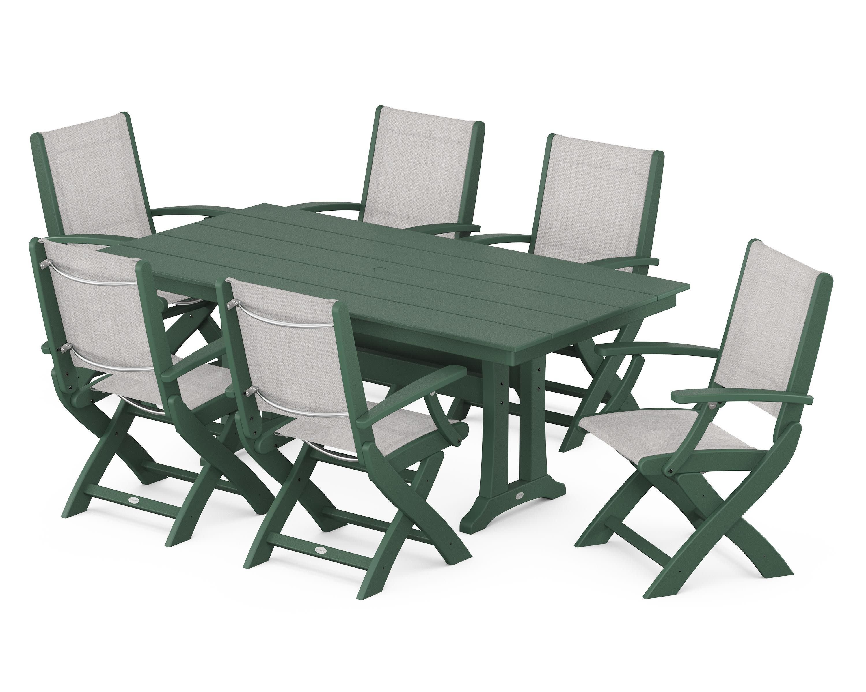 Coastal Folding Arm Chair 7-Piece Farmhouse Dining Set with Trestle Legs in Green / Parchment Sling