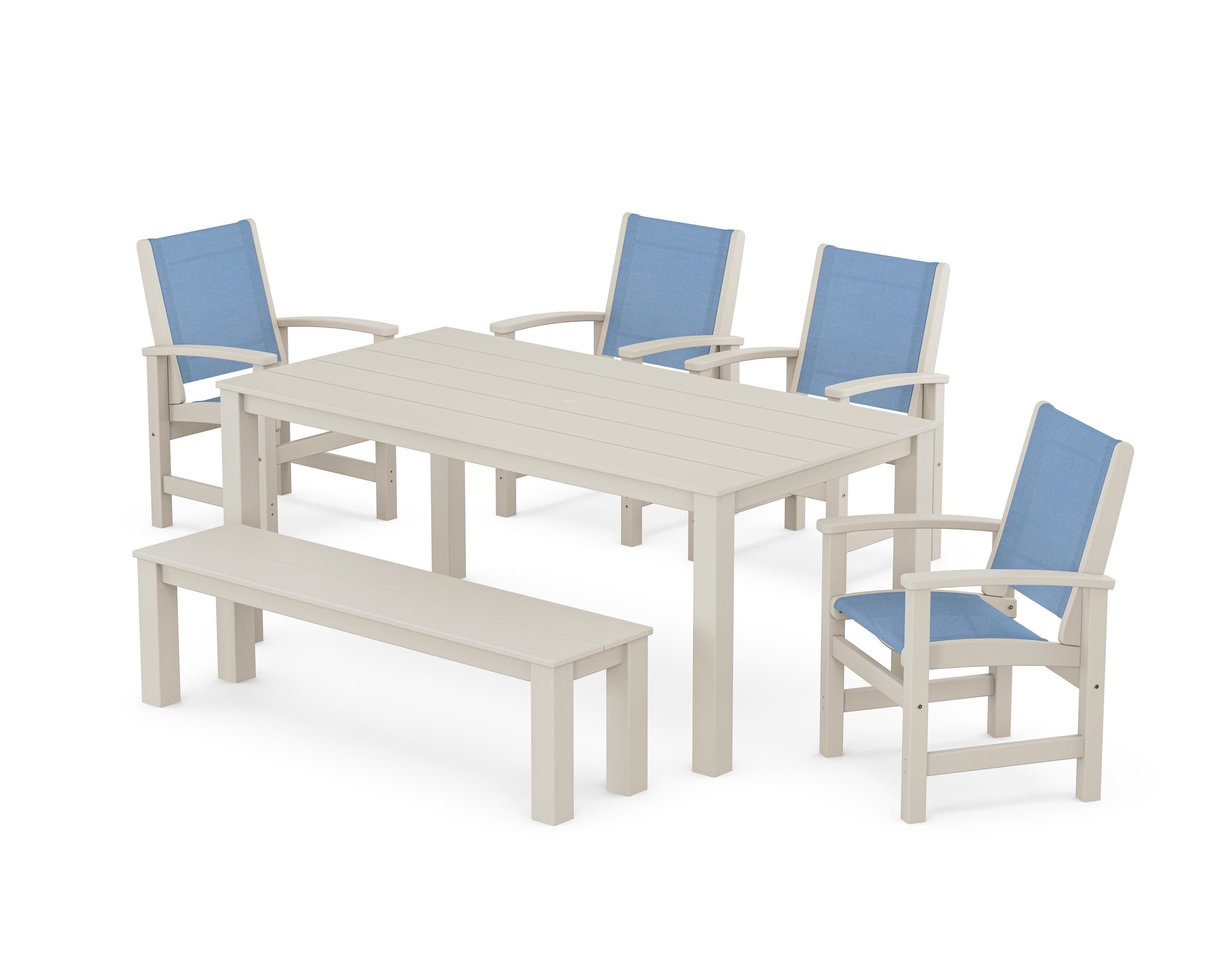 Coastal 6-Piece Parsons Dining Set with Bench in Sand / Poolside Sling