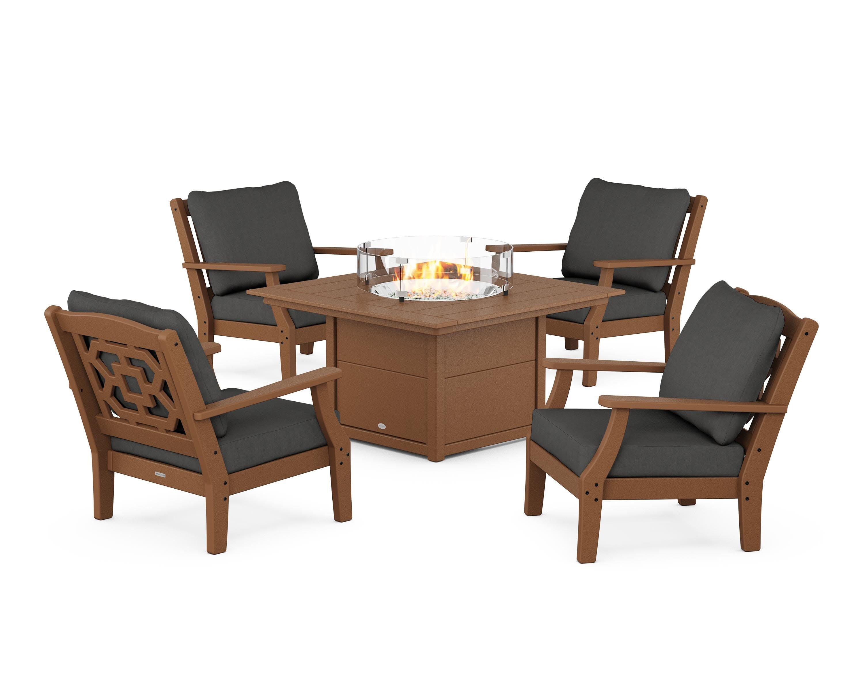 Chinoiserie 5-Piece Deep Seating Set with Fire Pit Table in Teak / Spectrum Carbon