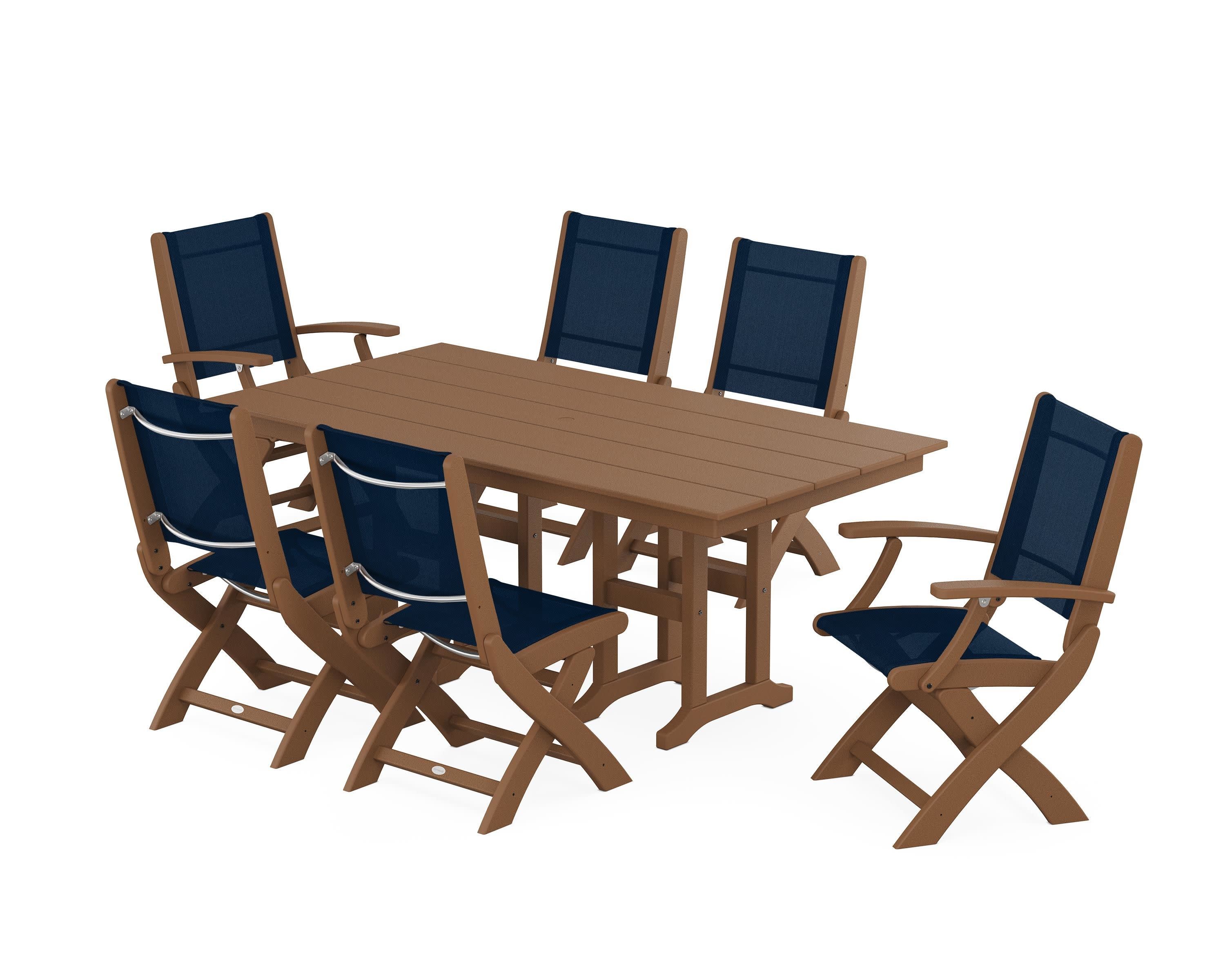 Coastal Folding Chair 7-Piece Farmhouse Dining Set in Teak / Navy Blue Sling