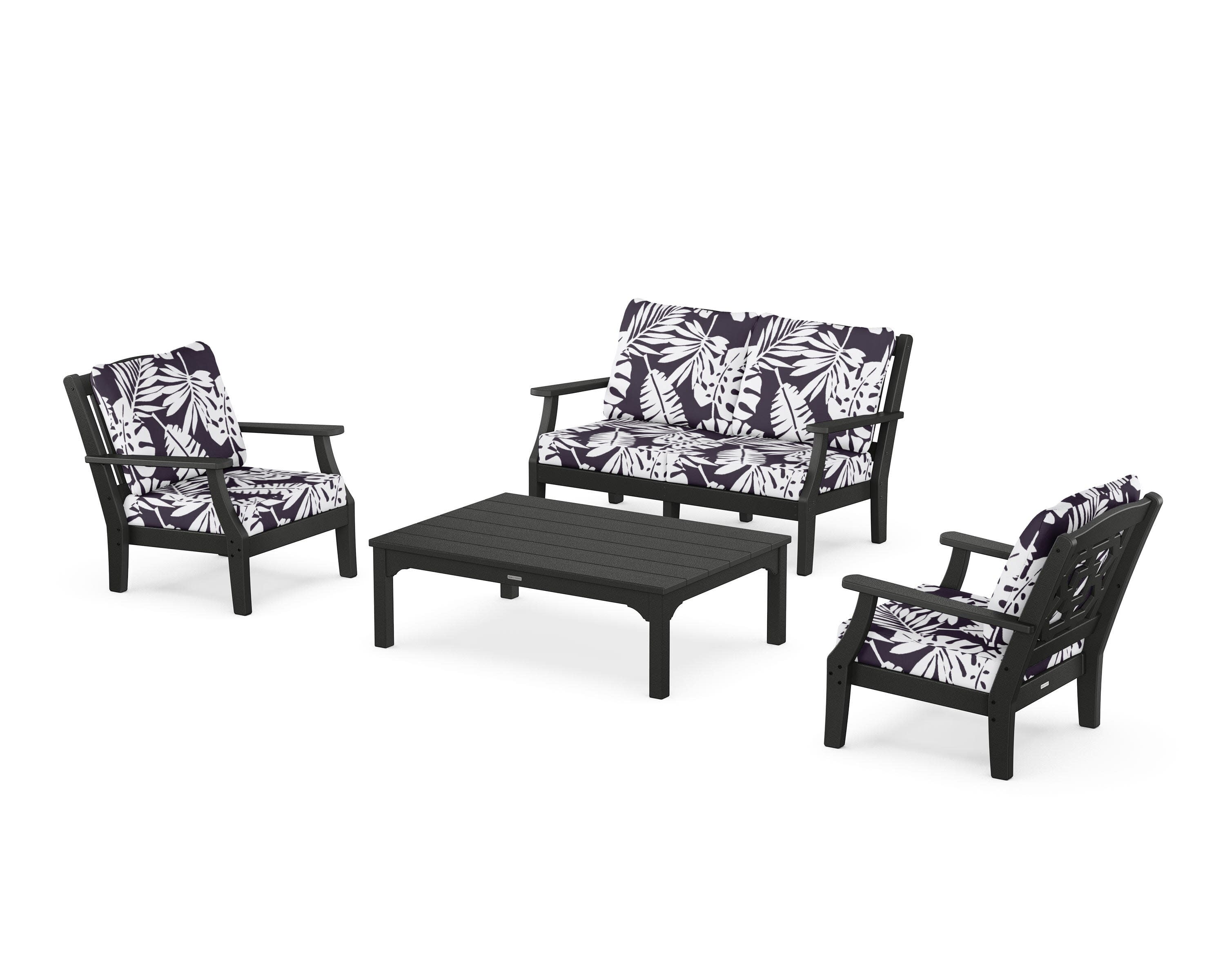 Chinoiserie 4-Piece Deep Seating Set with Loveseat in Black / Leaf Navy