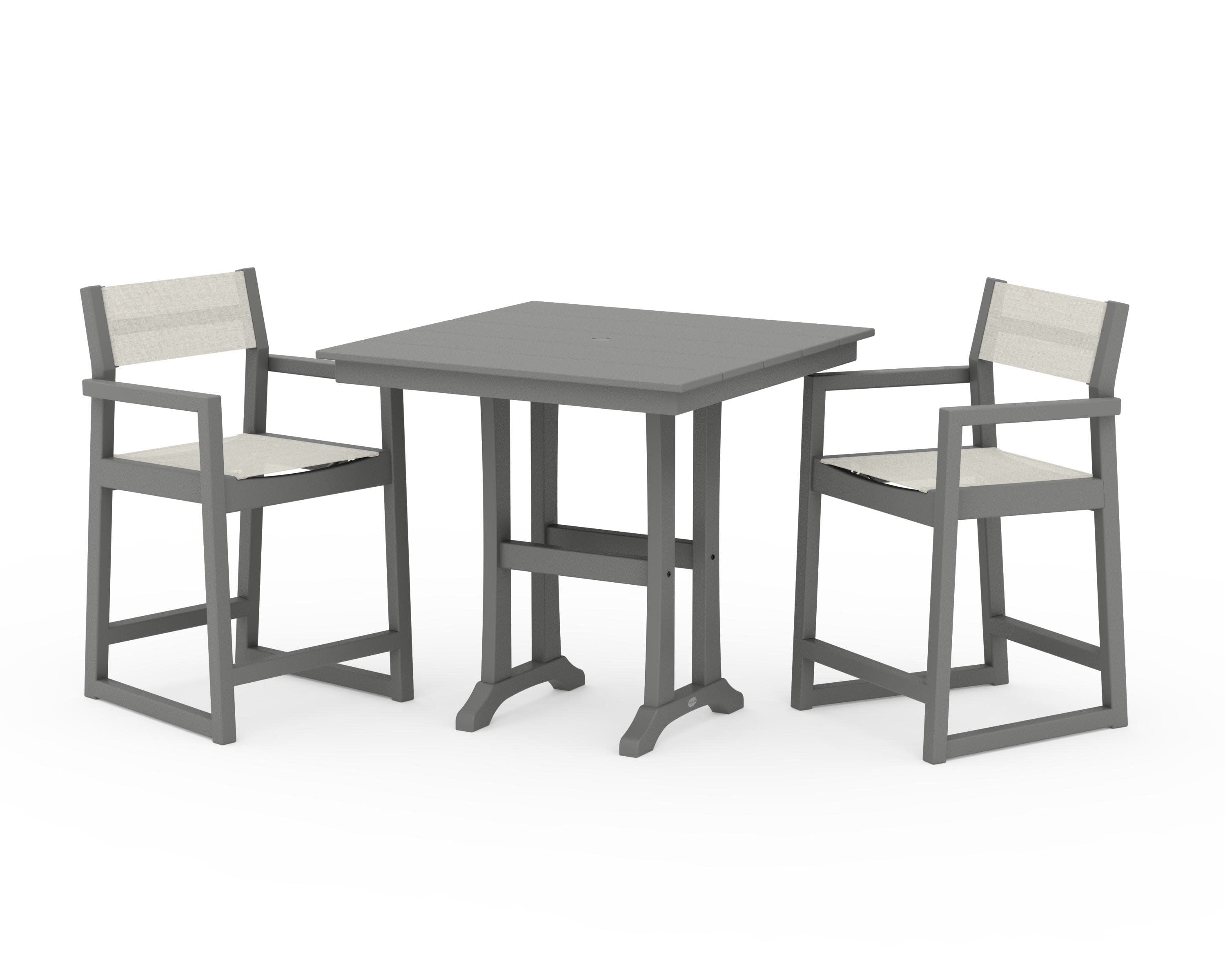 EDGE Sling Arm Chair 3-Piece Farmhouse Counter Set with Trestle Legs in Slate Grey / Parchment Sling