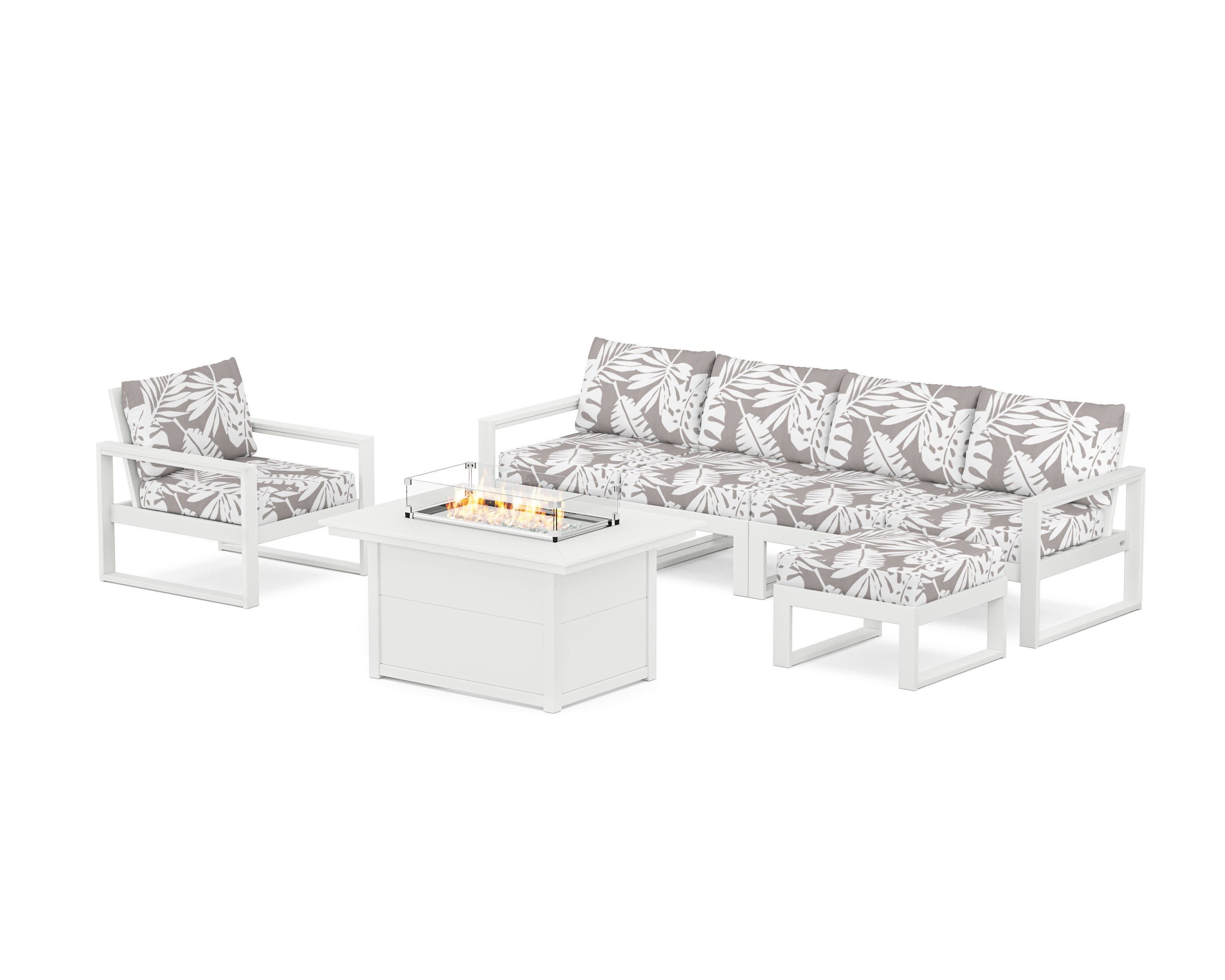 EDGE Sectional Lounge and Fire Pit Set in White / Leaf Grey Mist
