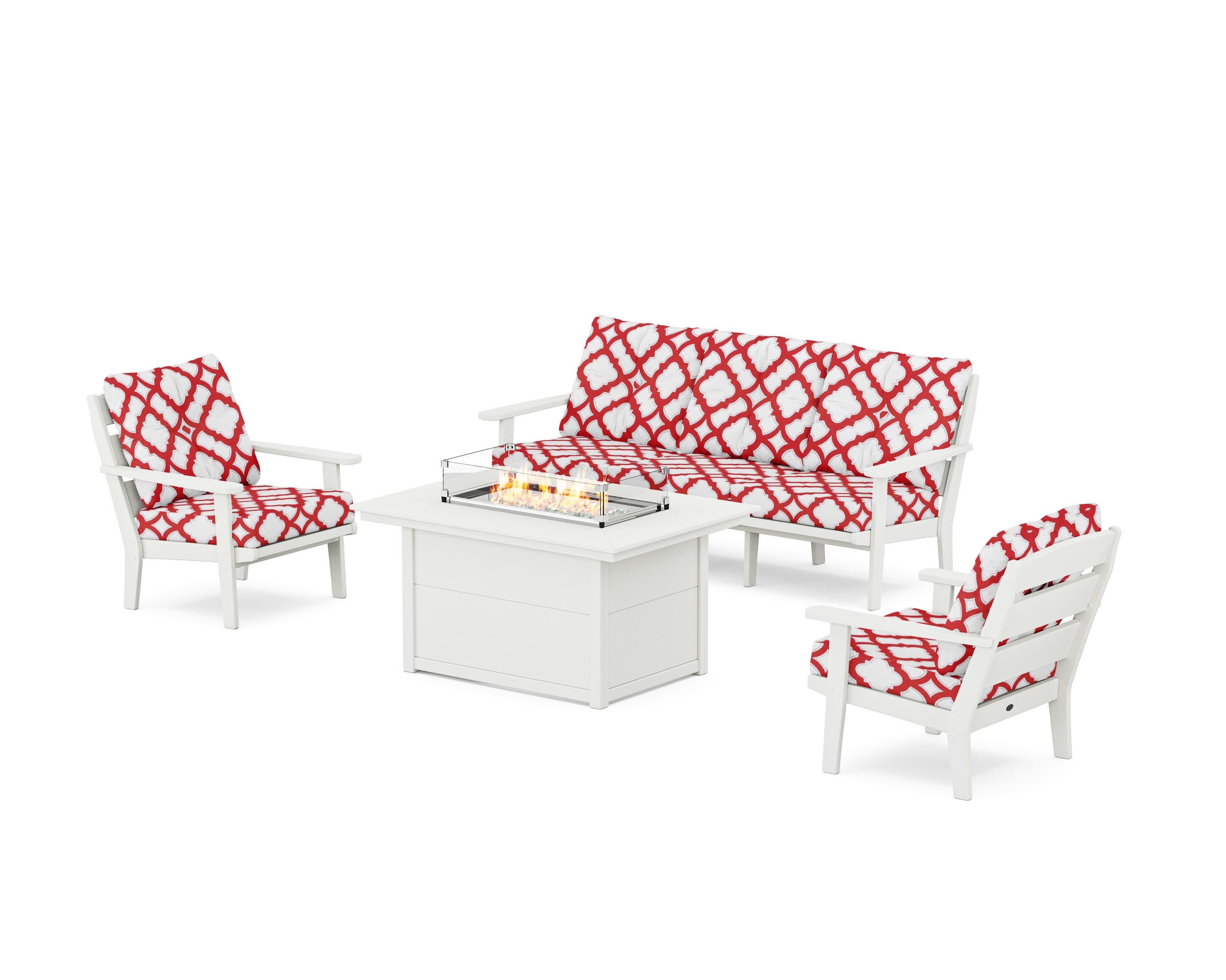 Lakeside Deep Seating Fire Pit Table Set in Vintage White / Trellis Crimson