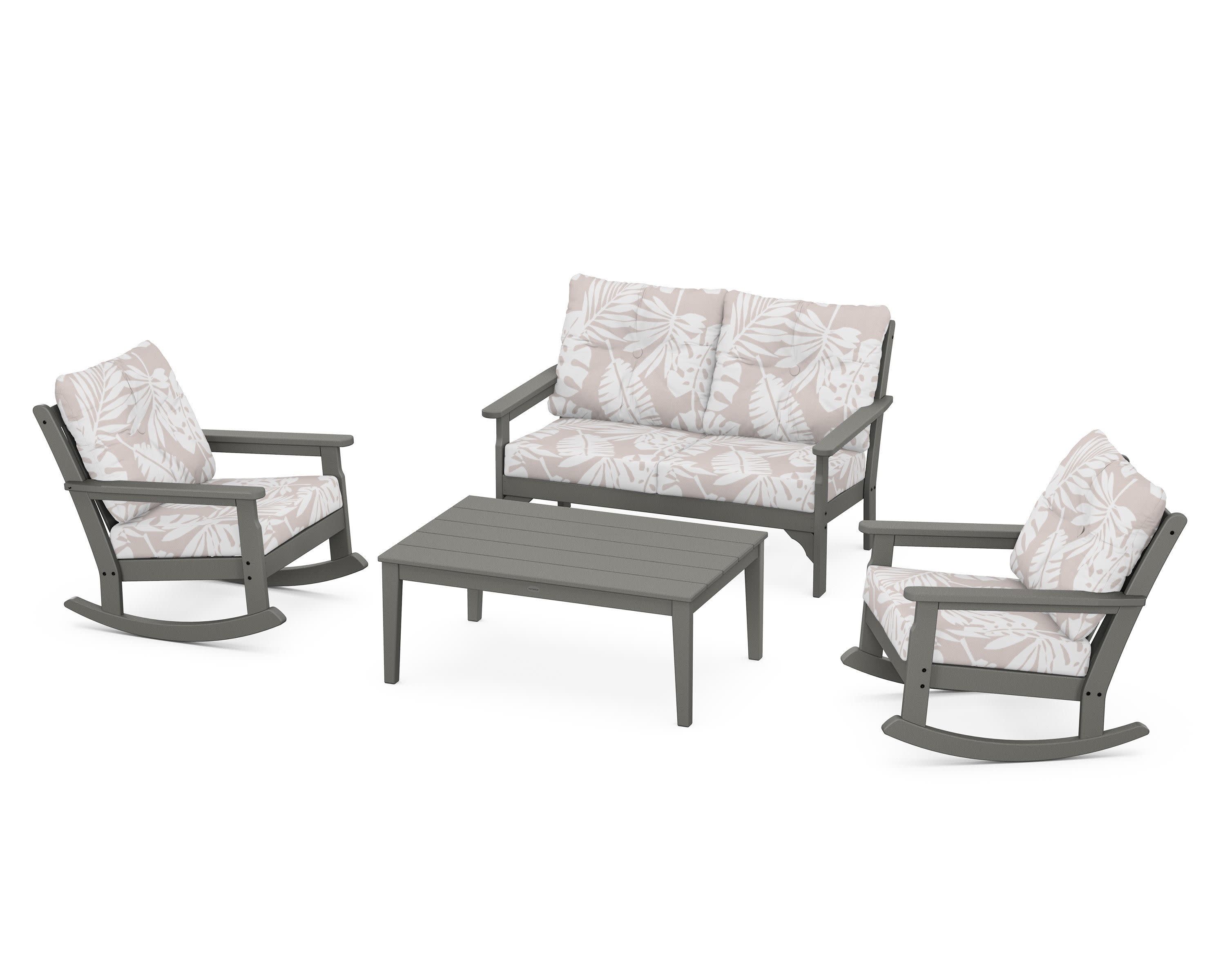 Vineyard 4-Piece Deep Seating Rocking Chair Set in Slate Grey / Leaf Dune Burlap