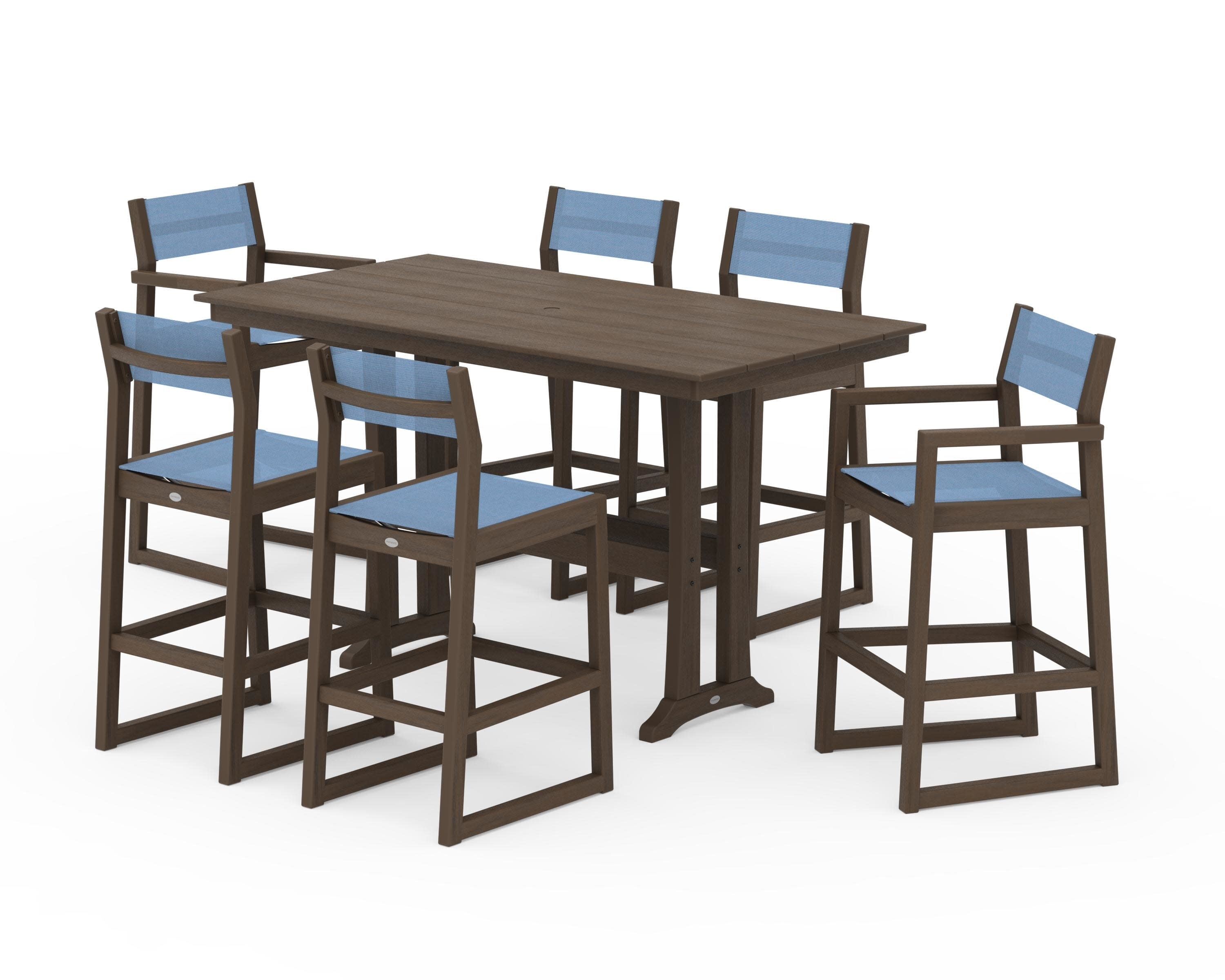 EDGE Sling 7-Piece Farmhouse Bar Set with Trestle Legs in Kona / Poolside Sling