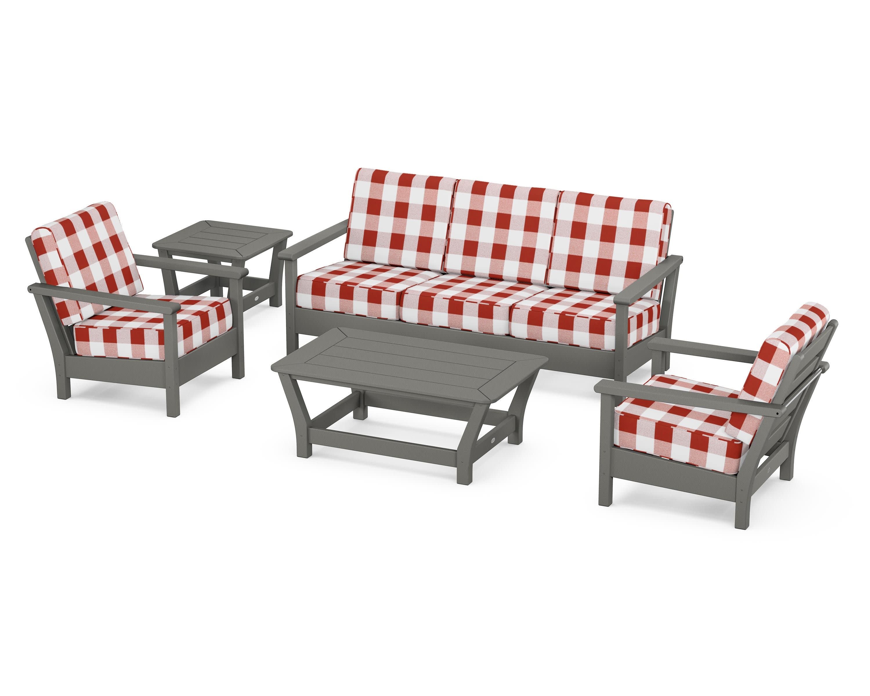 Harbour 5-Piece Deep Seating Set in Slate Grey / Buffalo Plaid Crimson
