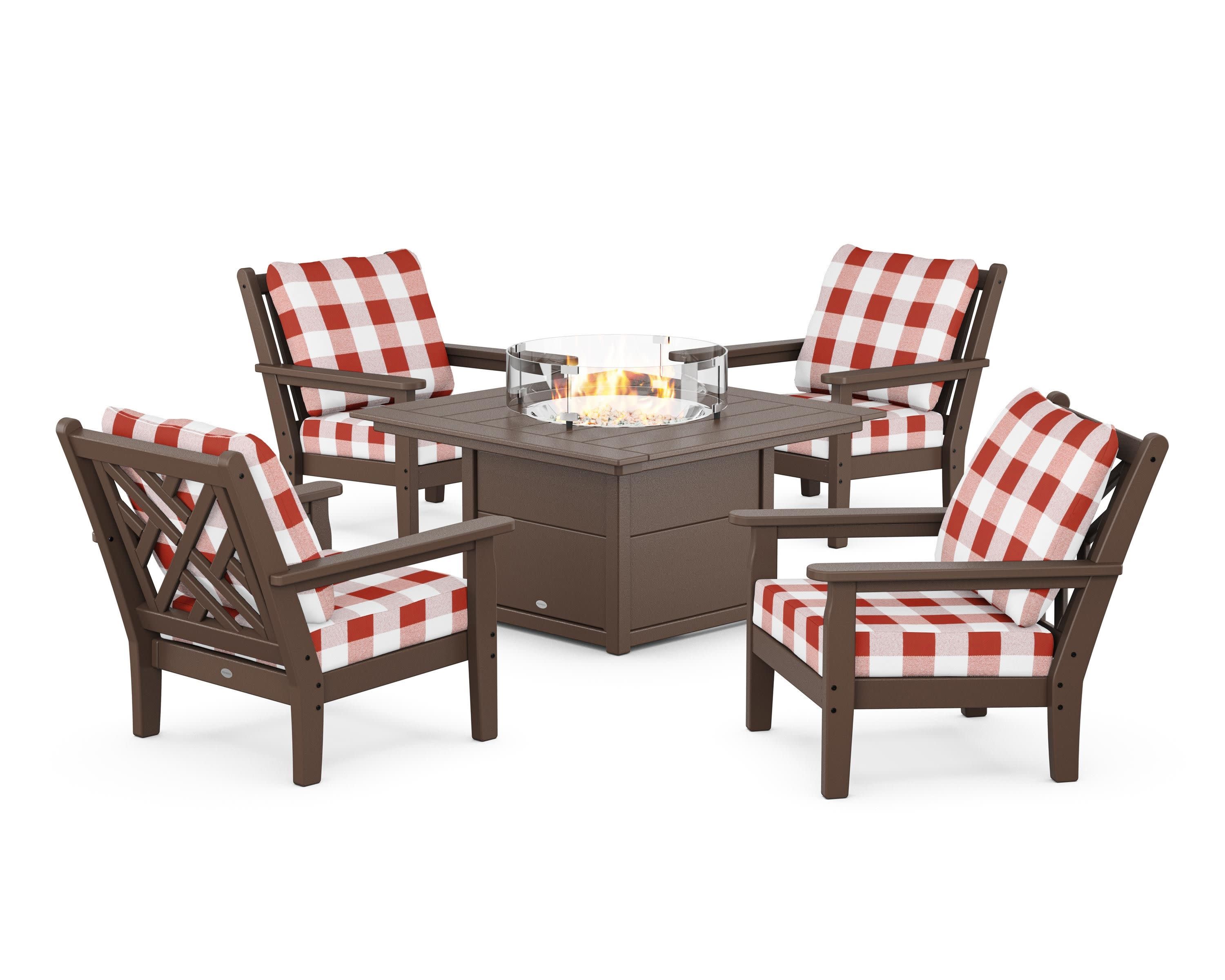 Chippendale 5-Piece Deep Seating Set with Fire Pit Table in Mahogany / Buffalo Plaid Crimson