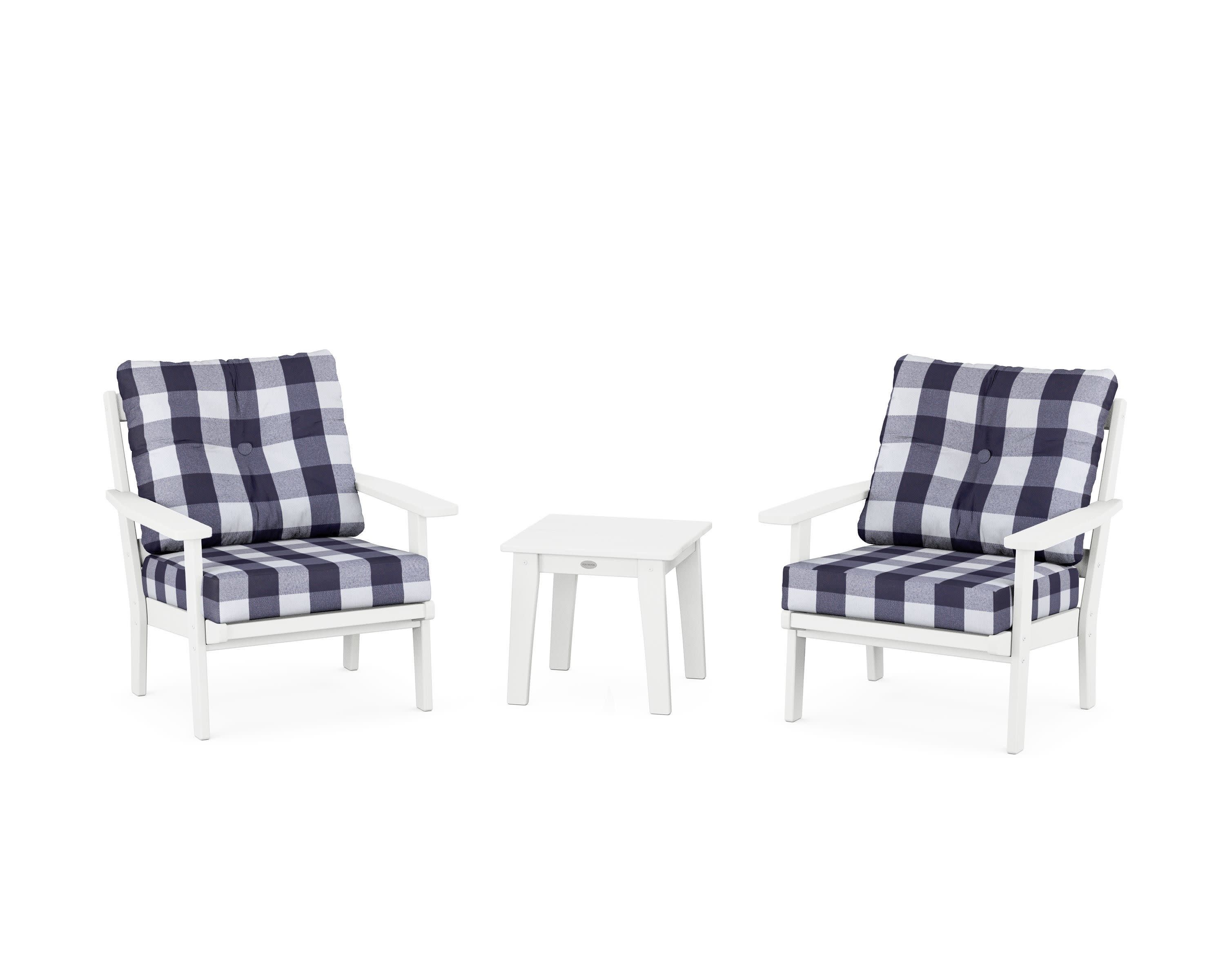 Oxford 3-Piece Deep Seating Set in White / Buffalo Plaid Navy