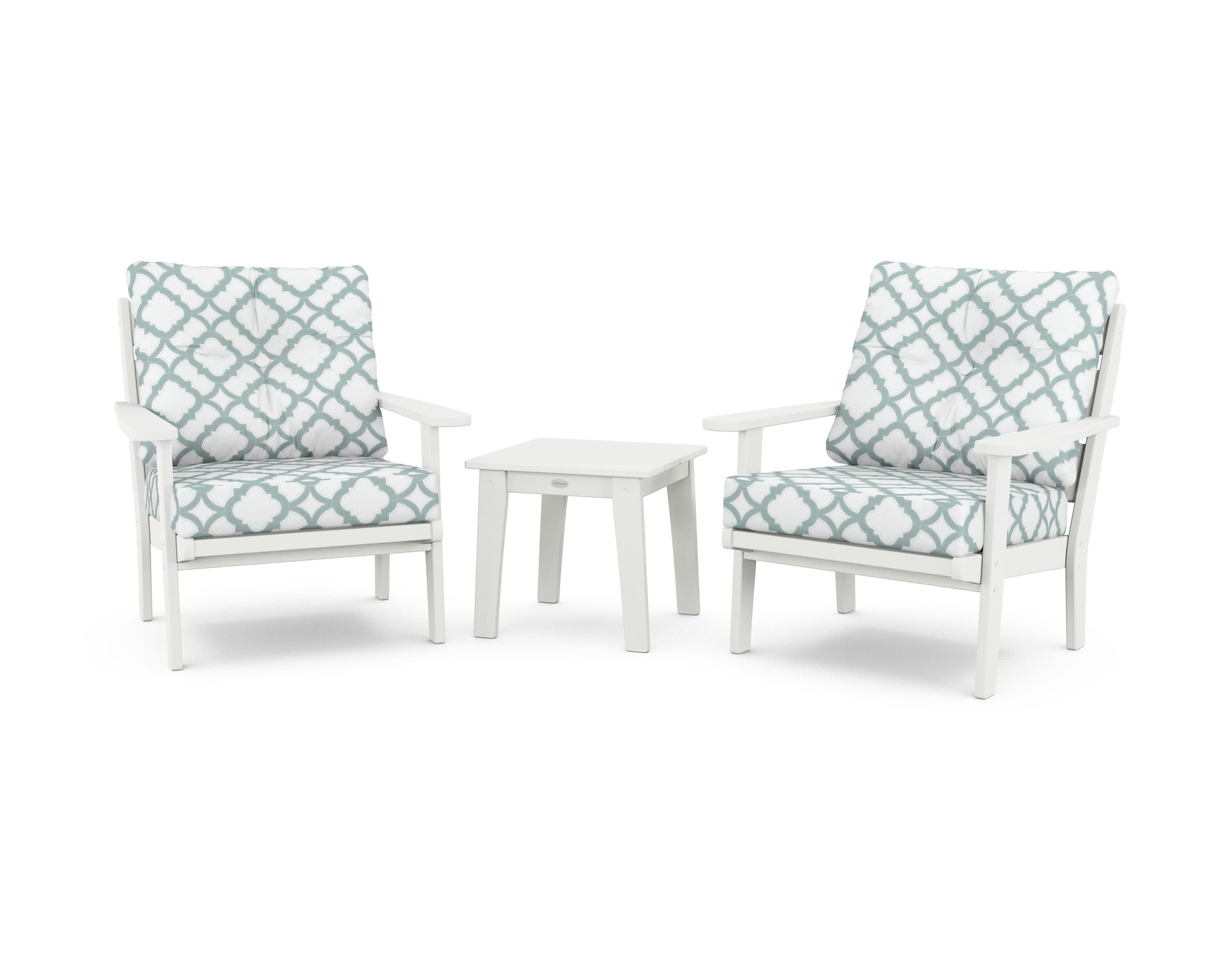 Lakeside 3-Piece Deep Seating Chair Set in Vintage White / Trellis Glacier Spa