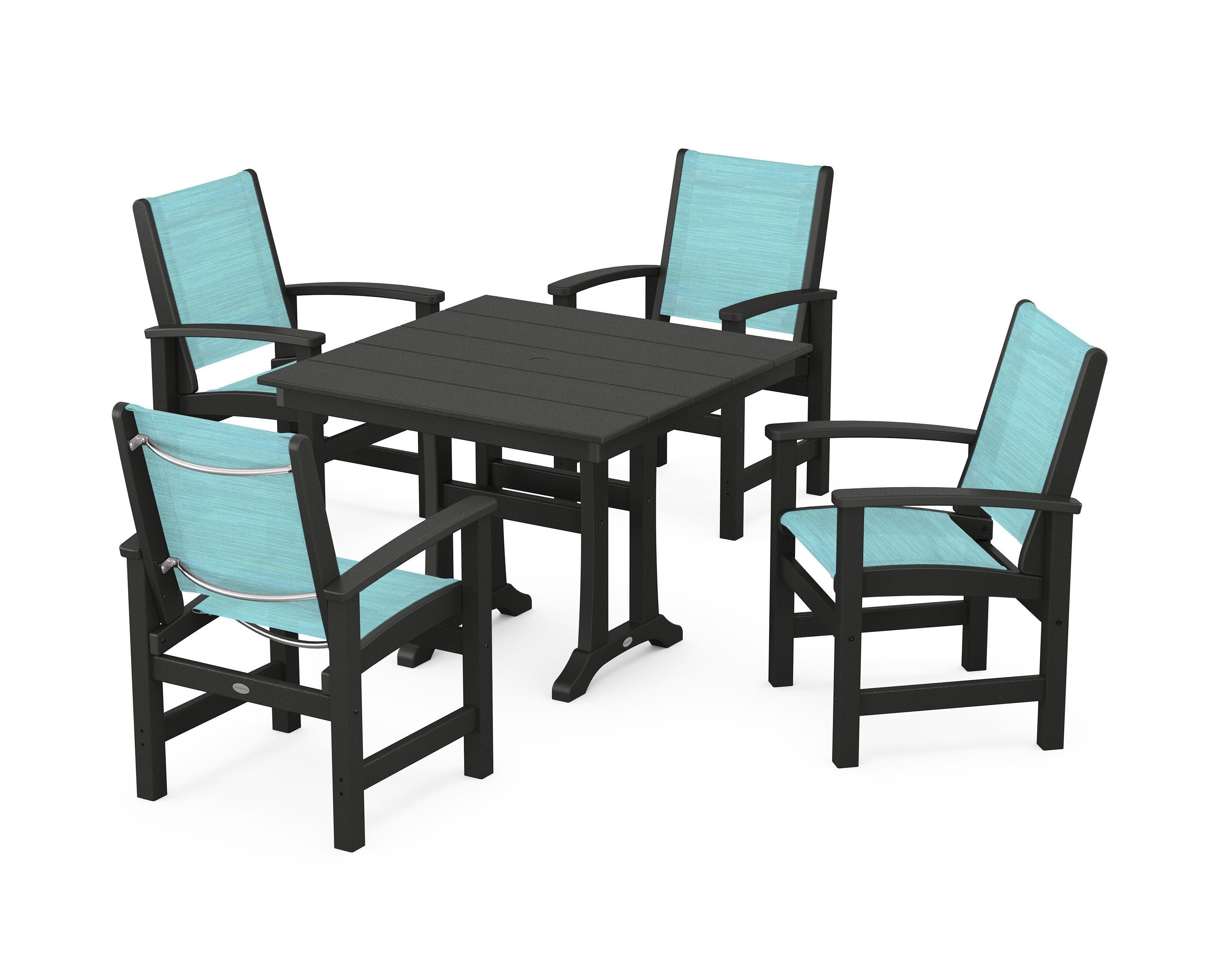 Coastal 5-Piece Farmhouse Dining Set With Trestle Legs in Black / Dupioni Aquamarine Sling