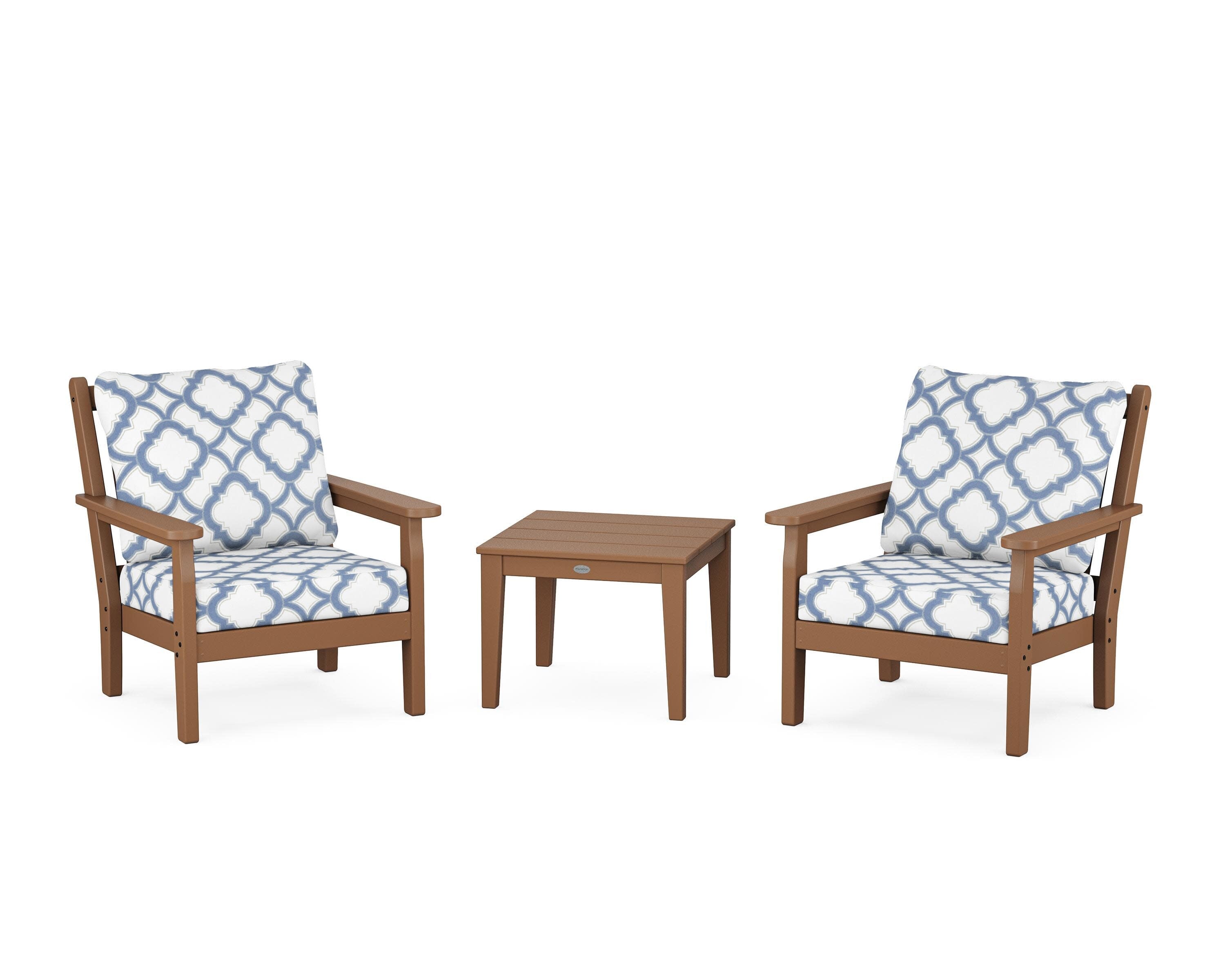 Chippendale 3-Piece Deep Seating Set in Teak / Trellis Sky Blue