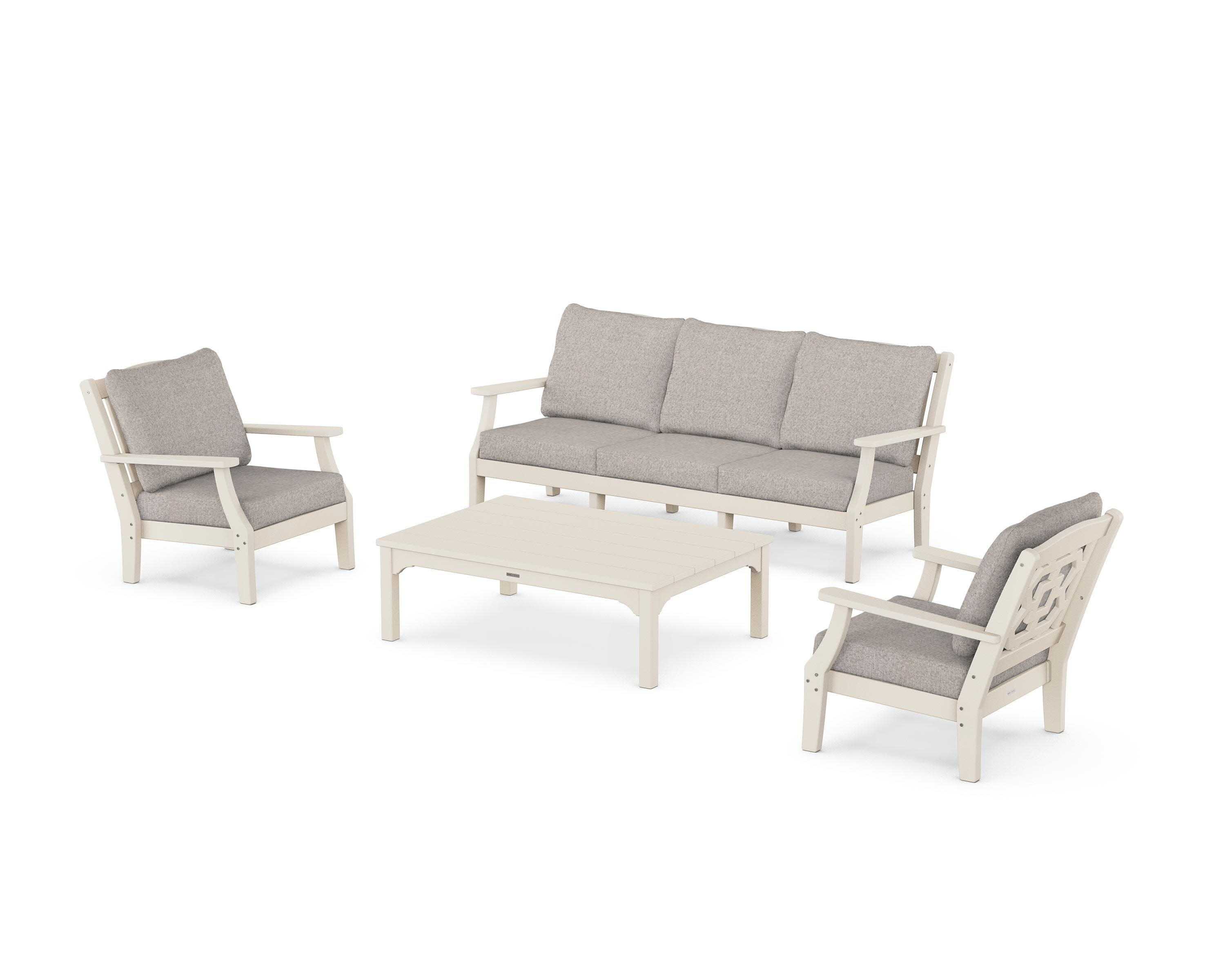 Chinoiserie 4-Piece Deep Seating Set with Sofa in Sand / Weathered Tweed