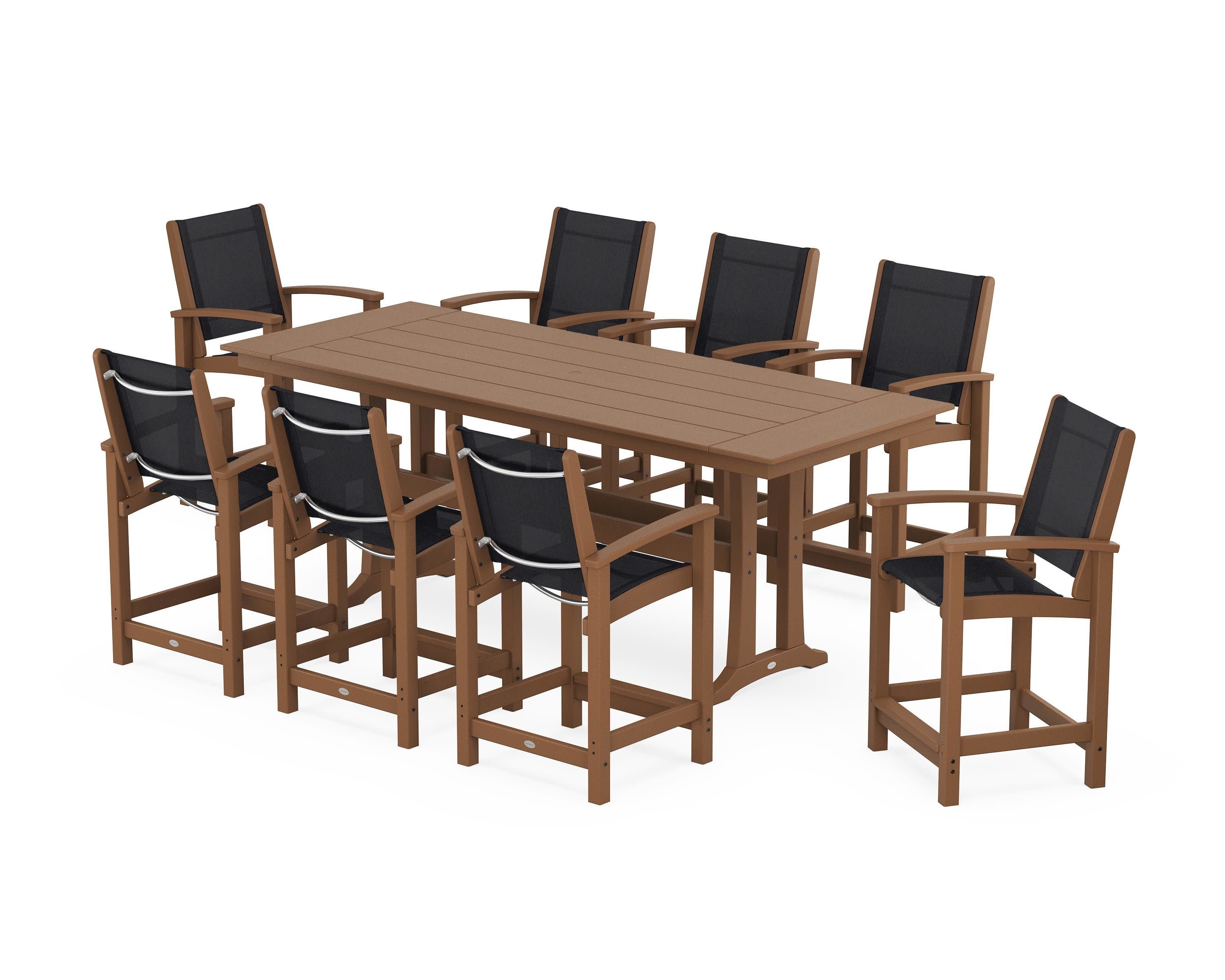 Coastal 9-Piece Farmhouse Counter Set with Trestle Legs in Teak / Black Sling