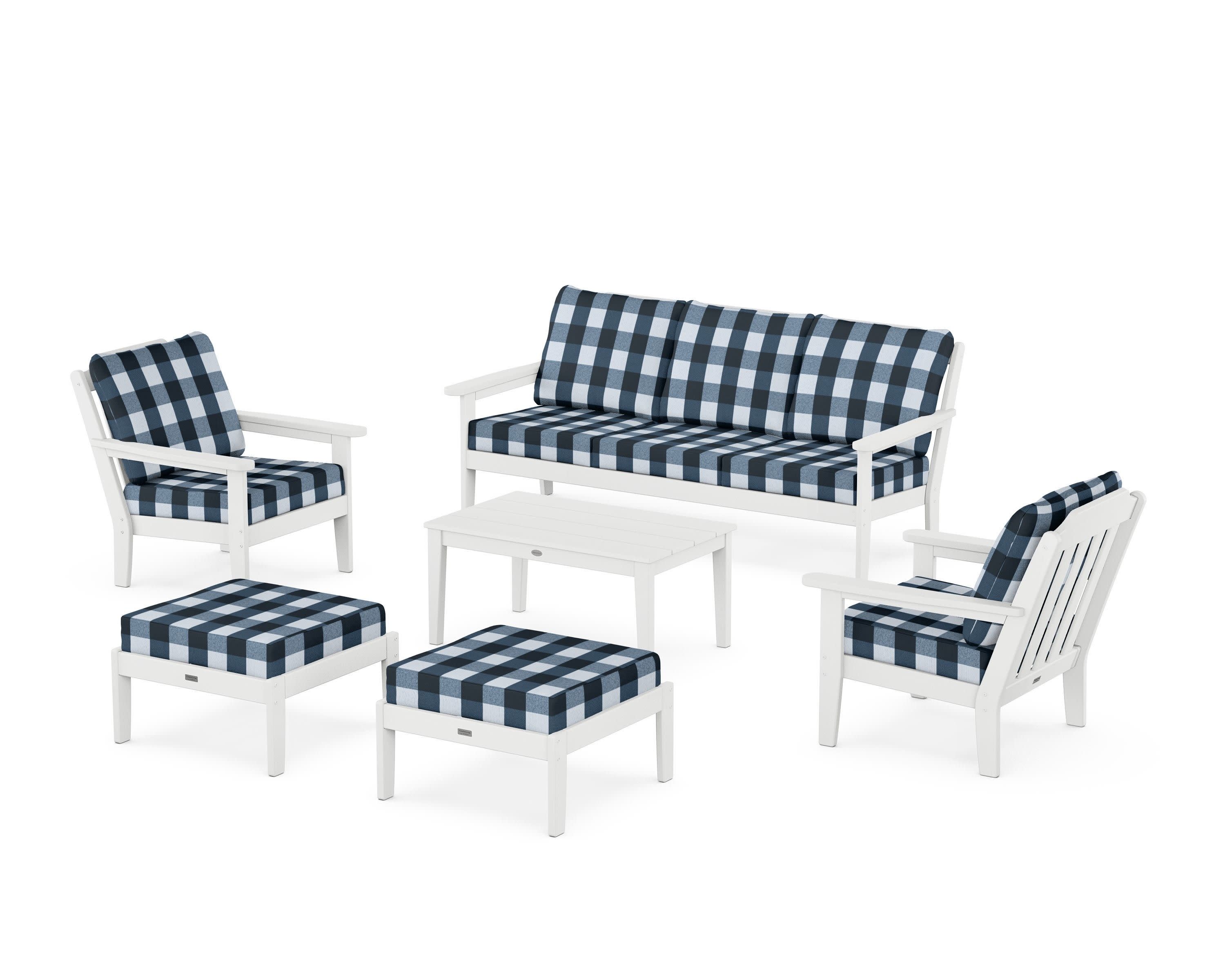 Cottage 6-Piece Lounge Sofa Set in White / Buffalo Plaid Marine Indigo