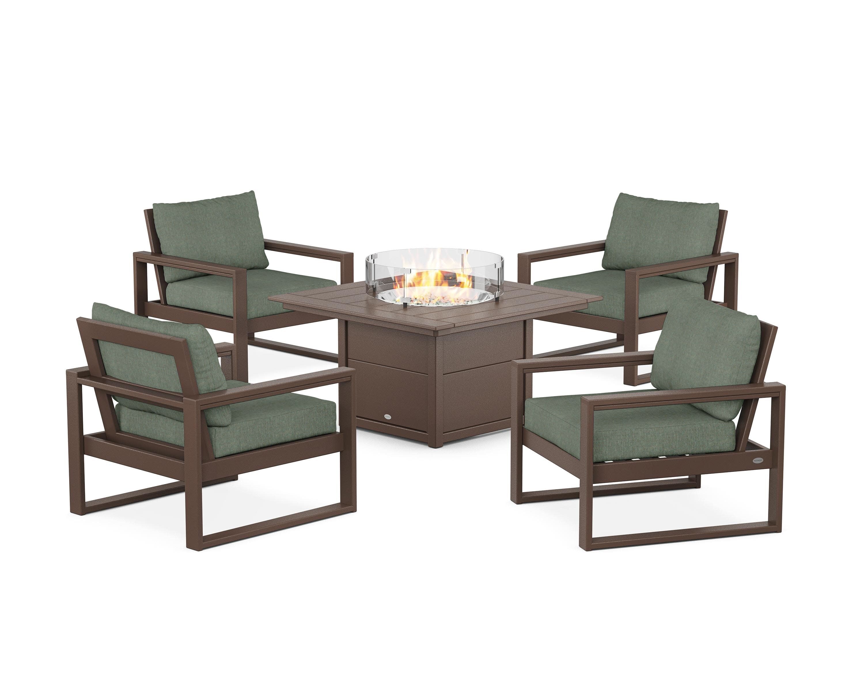 EDGE Sectional 5-Piece Deep Seating Set with Fire Pit Table in Mahogany / Cast Sage
