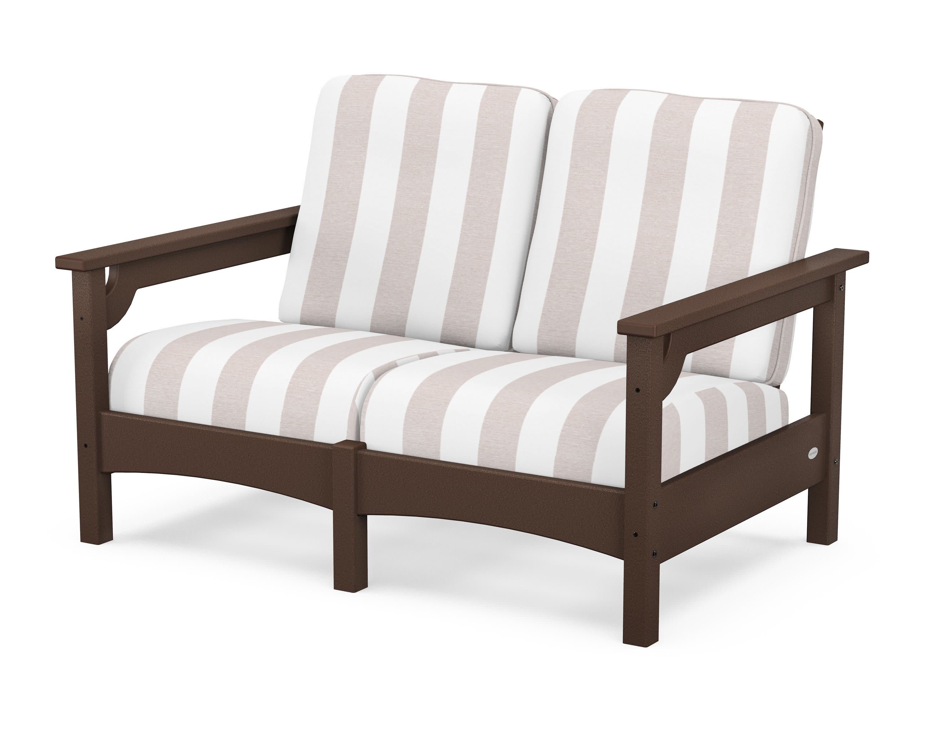 Club Loveseat in Mahogany / Cabana Stripe Dune Burlap