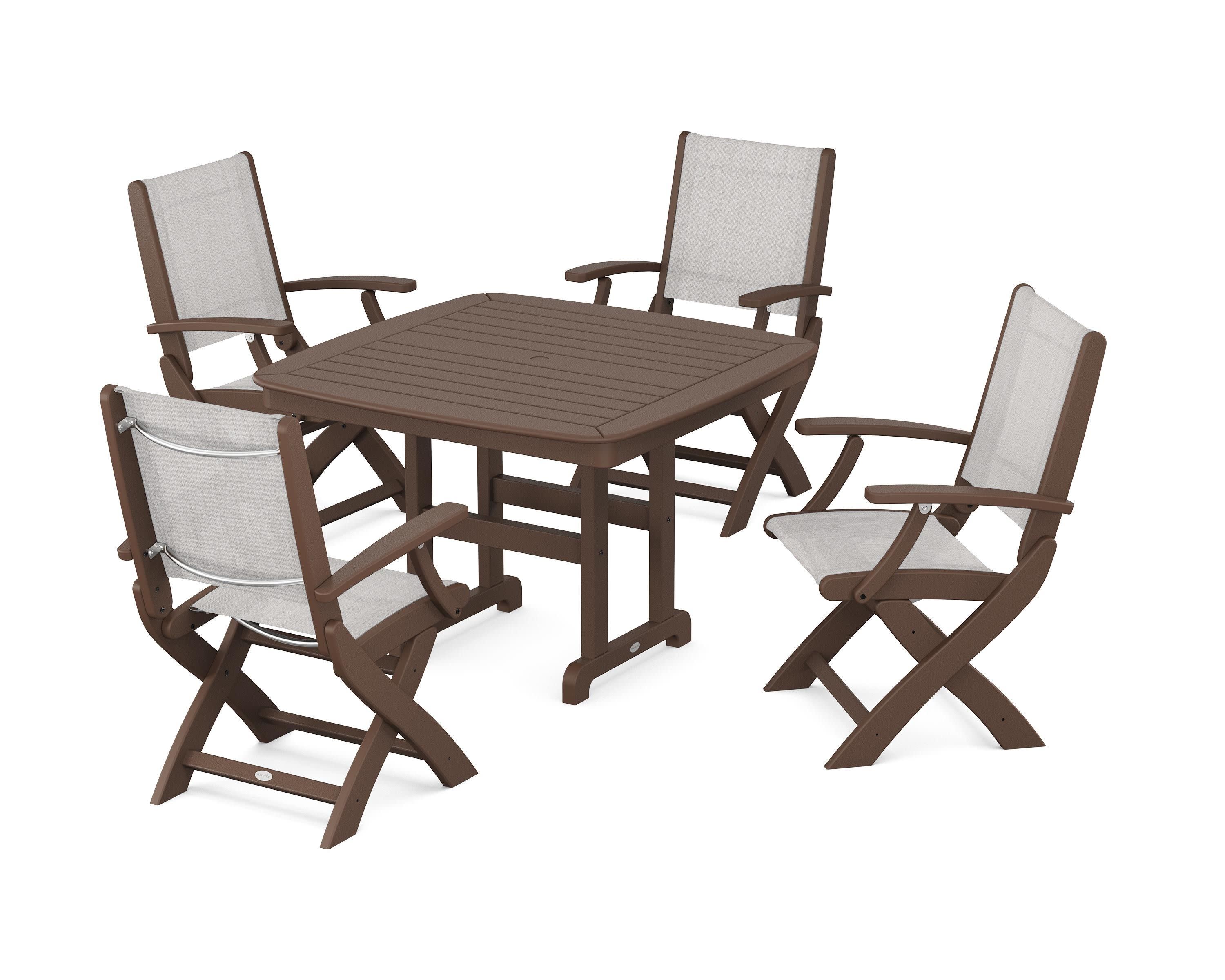 Coastal Folding Chair 5-Piece Dining Set in Mahogany / Parchment Sling