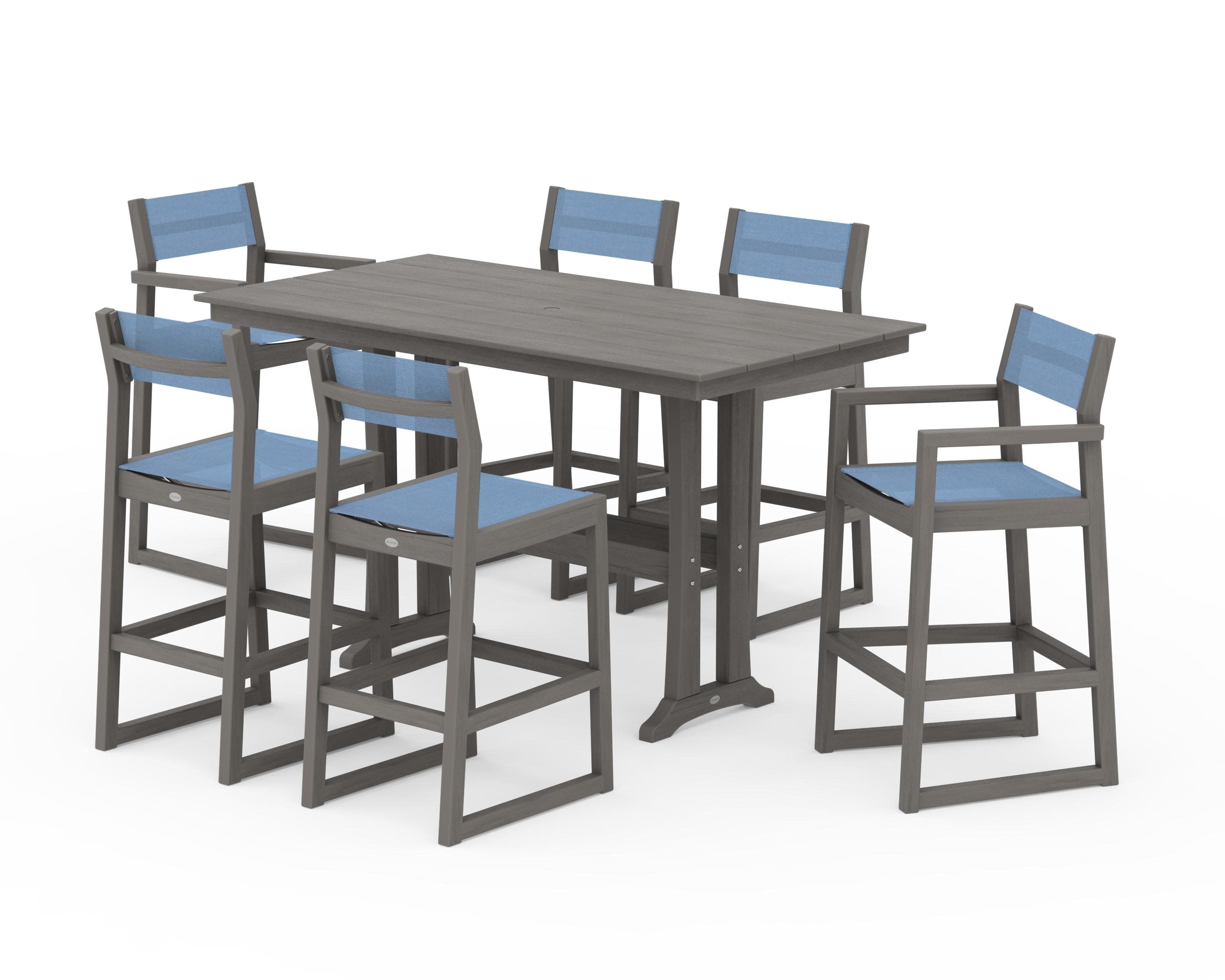 EDGE Sling 7-Piece Farmhouse Bar Set with Trestle Legs in Driftwood / Poolside Sling