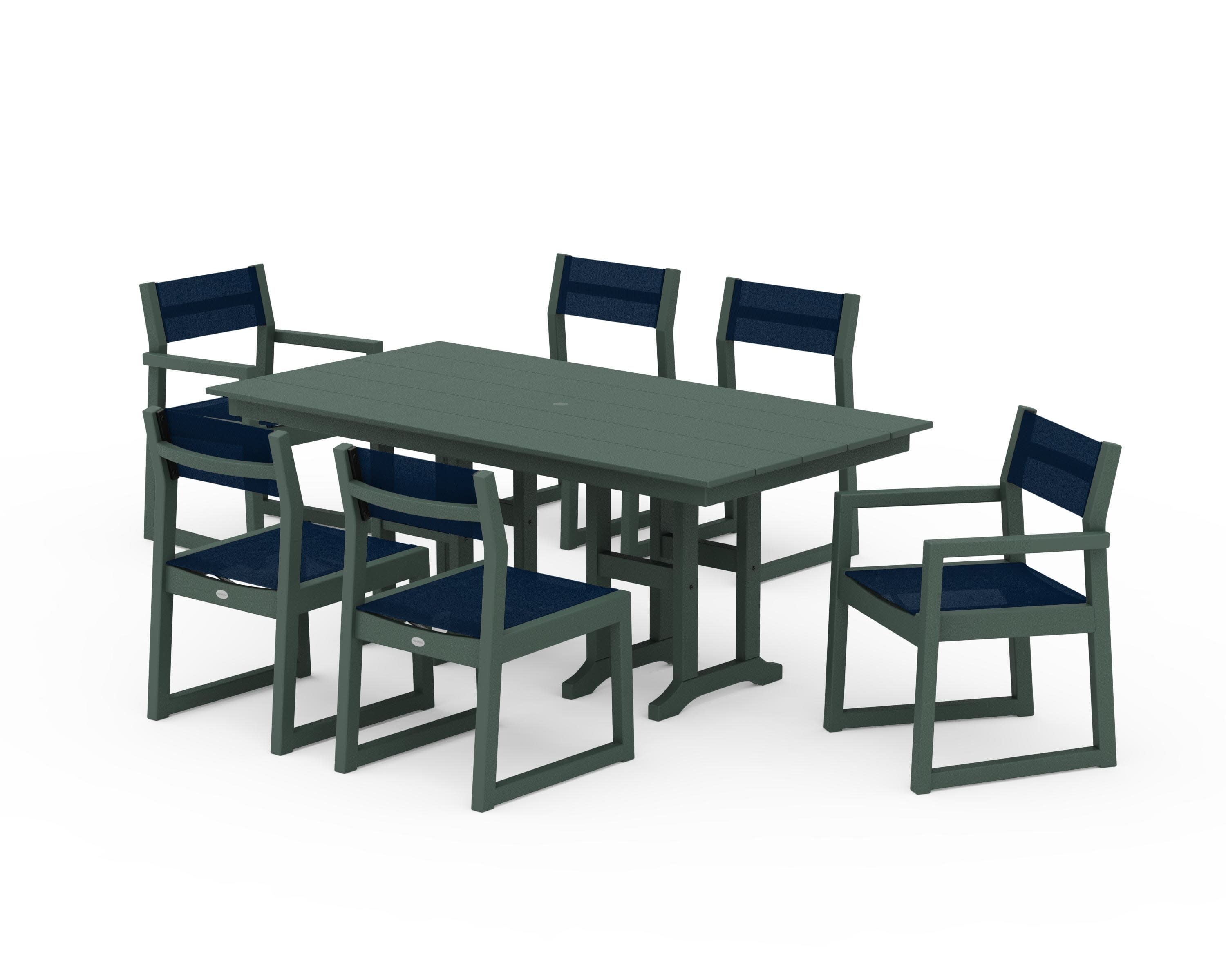 EDGE Sling 7-Piece Farmhouse Dining Set in Green / Navy Blue Sling