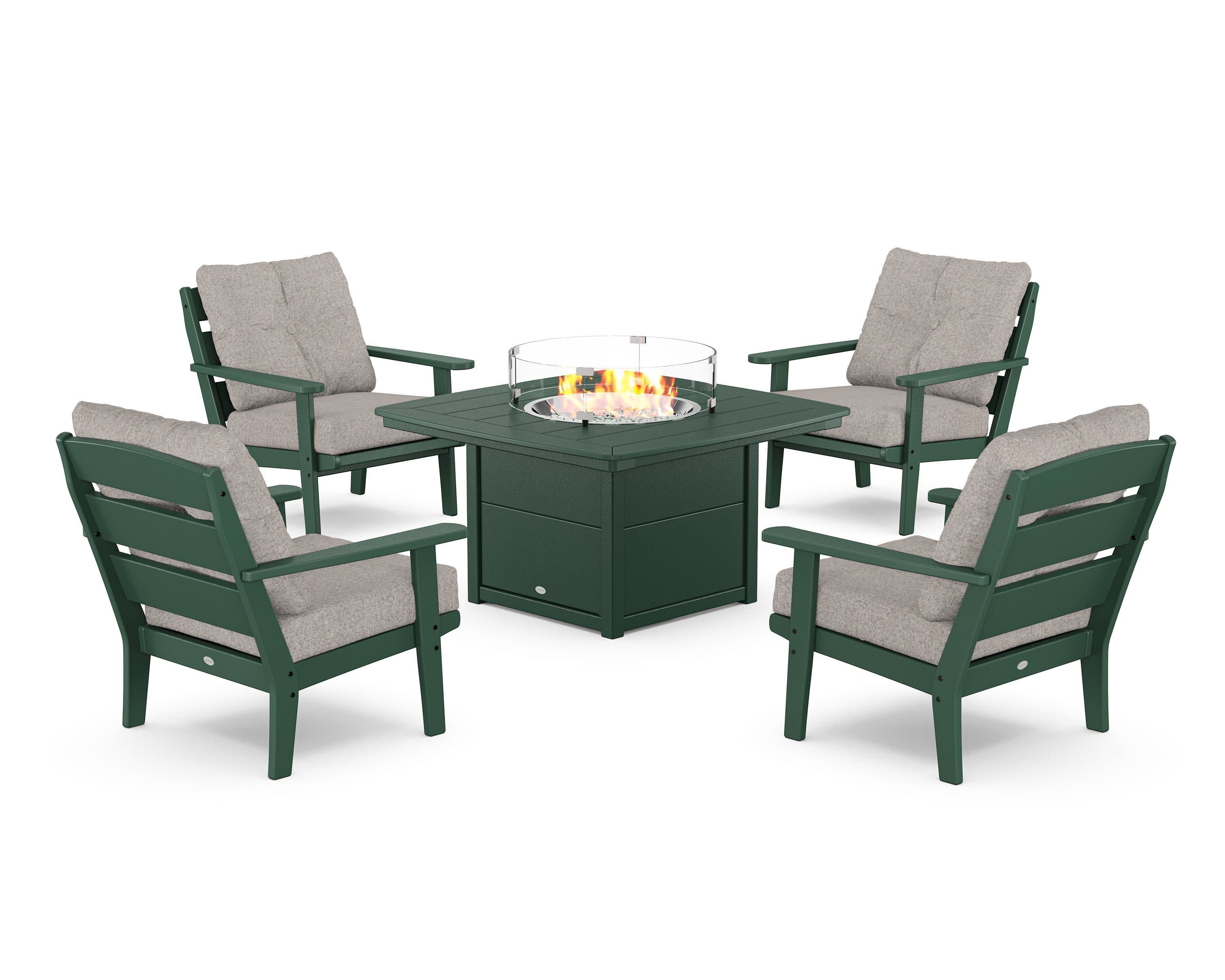 Lakeside 5-Piece Deep Seating Set with Nautical Fire Pit Table in Green / Weathered Tweed
