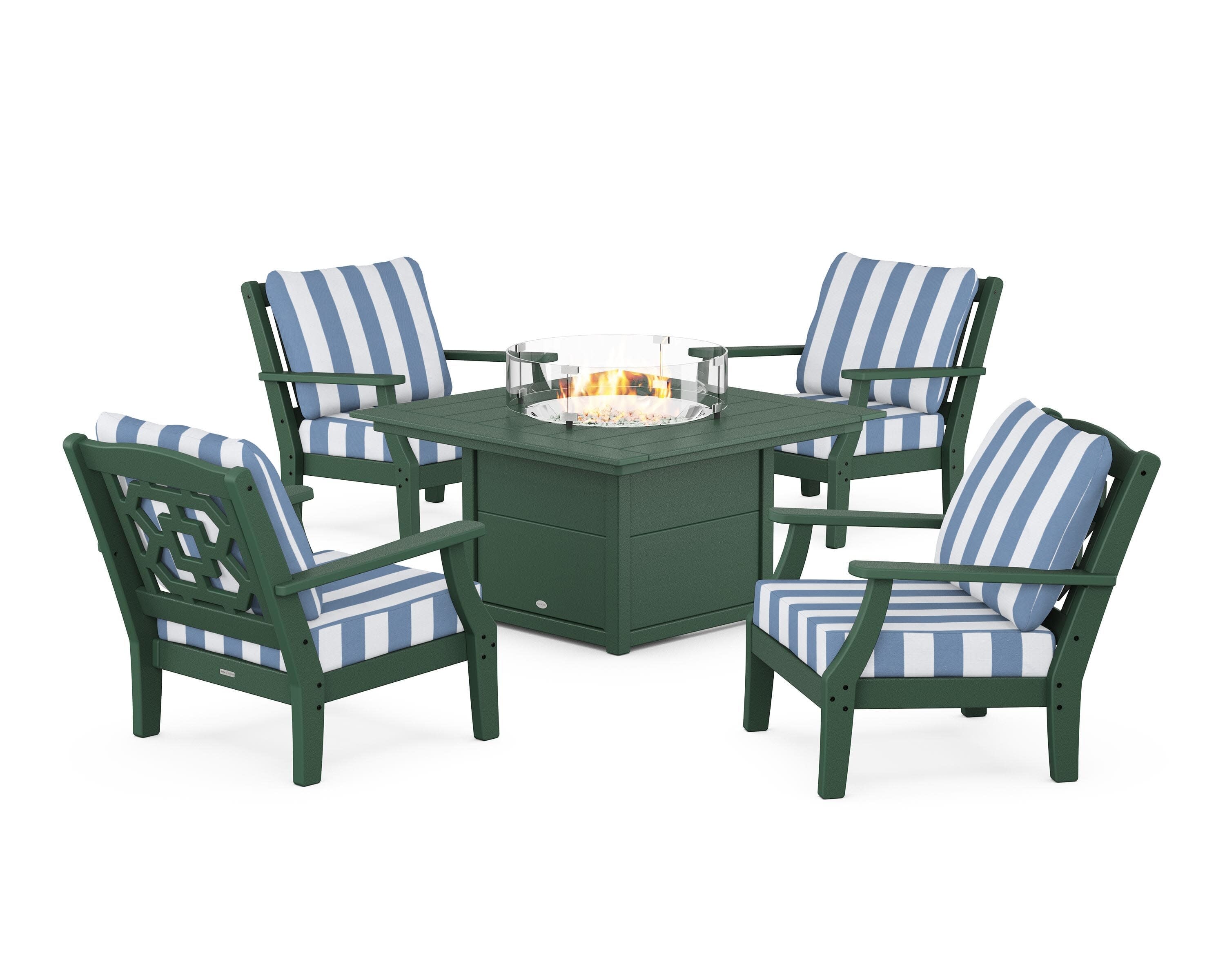 Chinoiserie 5-Piece Deep Seating Set with Fire Pit Table in Green / Cabana Stripe Sky Blue