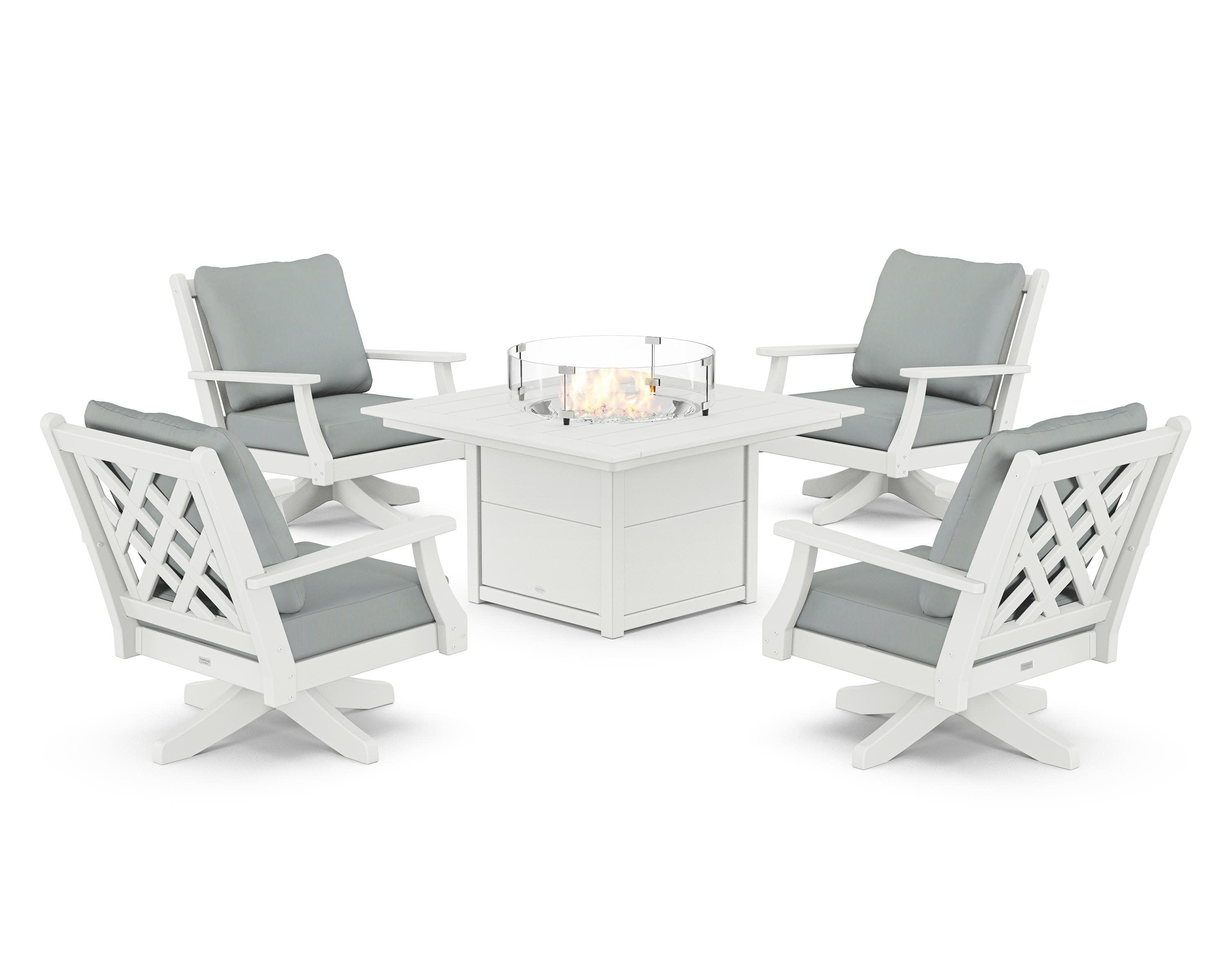 Wovendale 5-Piece Deep Seating Swivel Conversation Set with Fire Pit Table in White / Spa