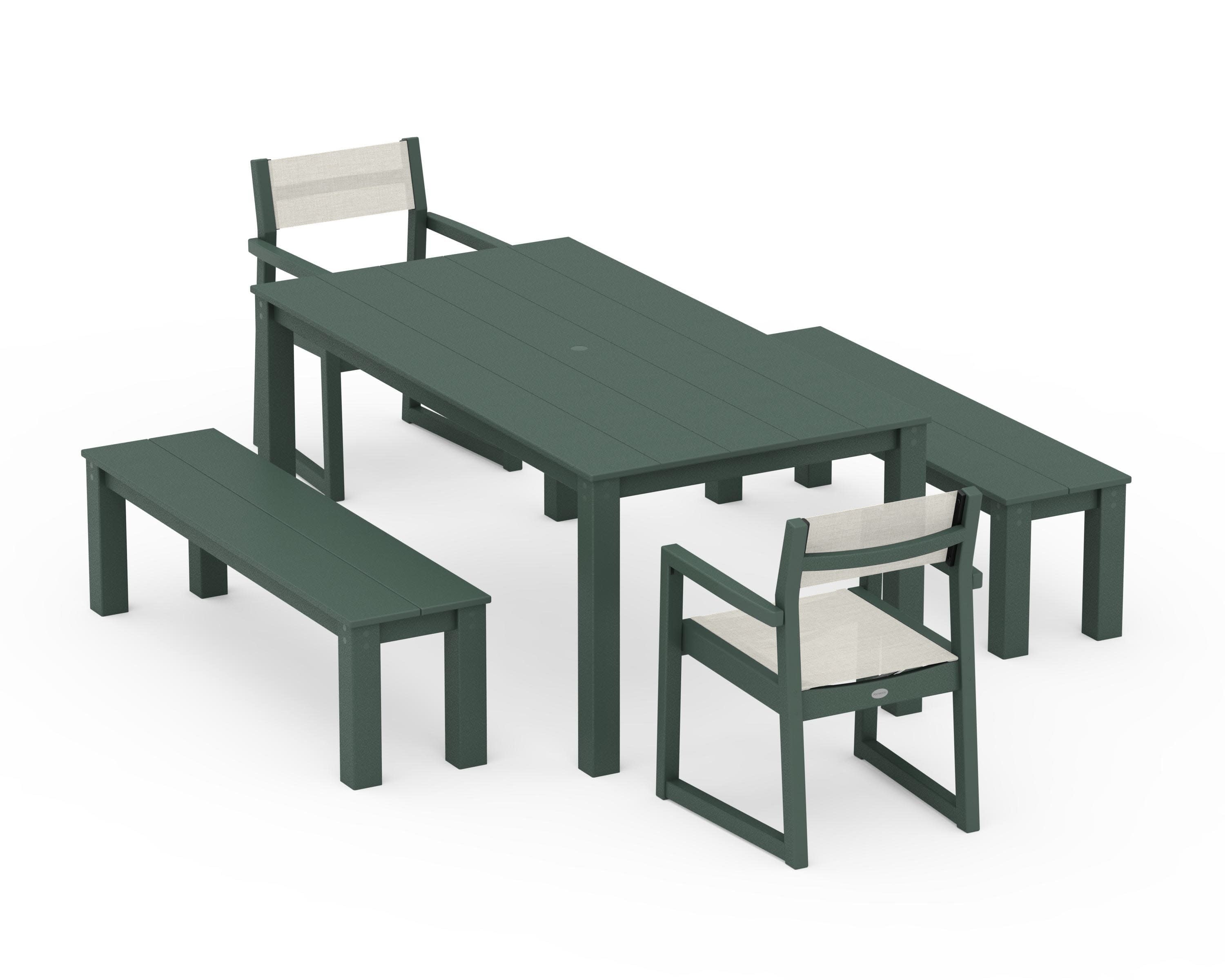 EDGE Sling Arm Chair 5-Piece Parsons Dining Set with Benches in Green / Parchment Sling