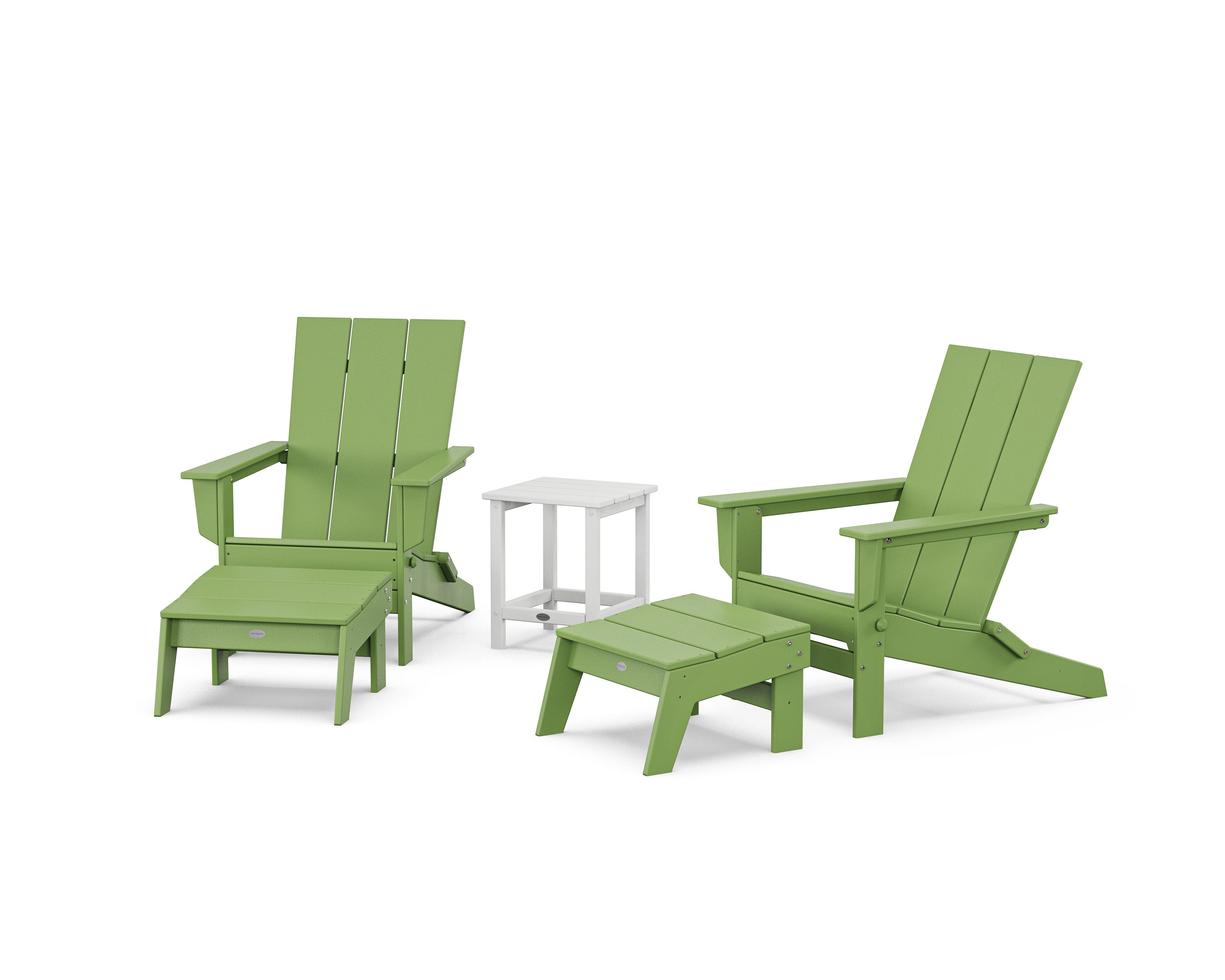 5-Piece Modern Studio Folding Adirondack Set with Ottomans and Side Table  in Lime / White