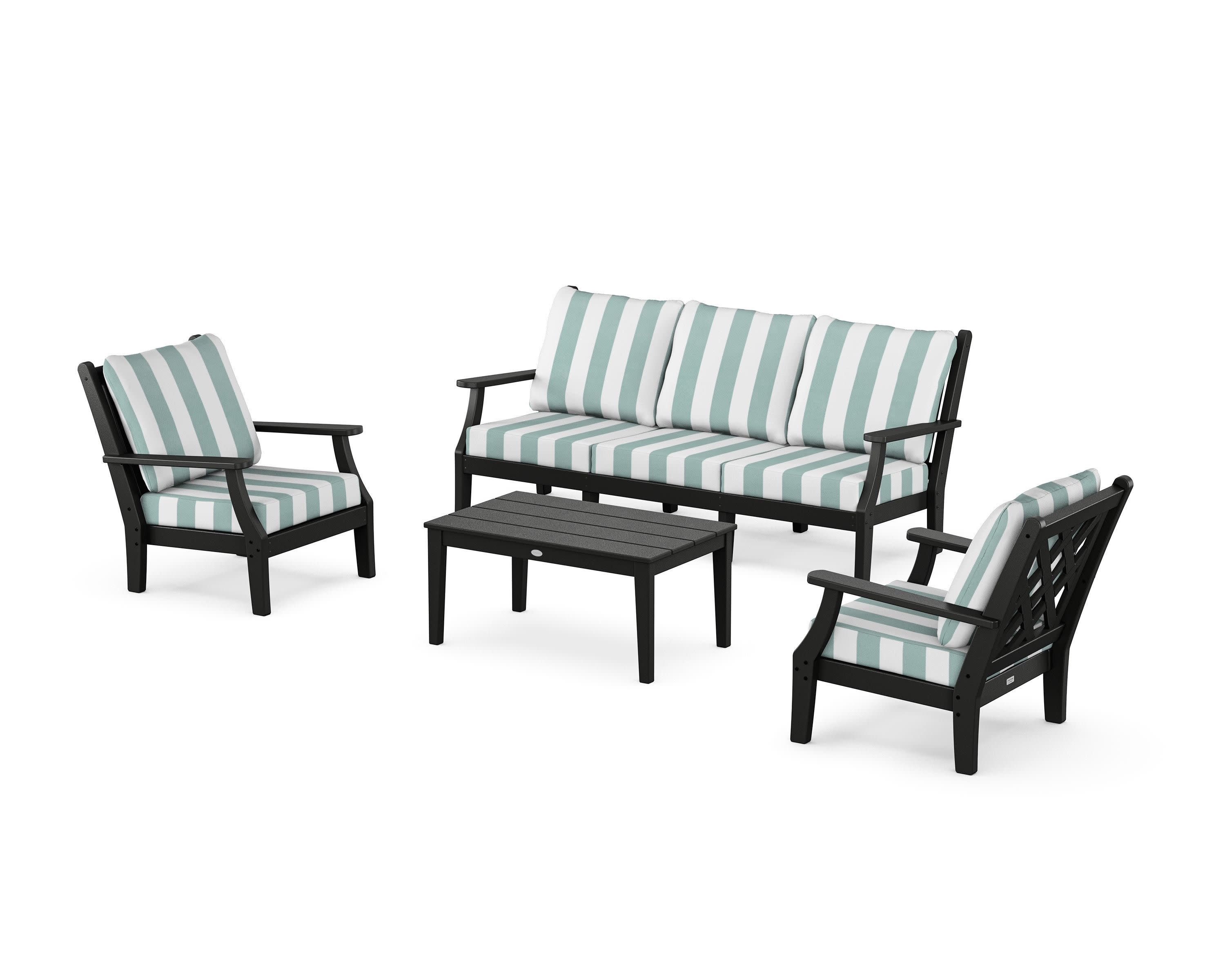 Wovendale 4-Piece Deep Seating Set with Sofa in Black / Cabana Stripe Glacier Spa