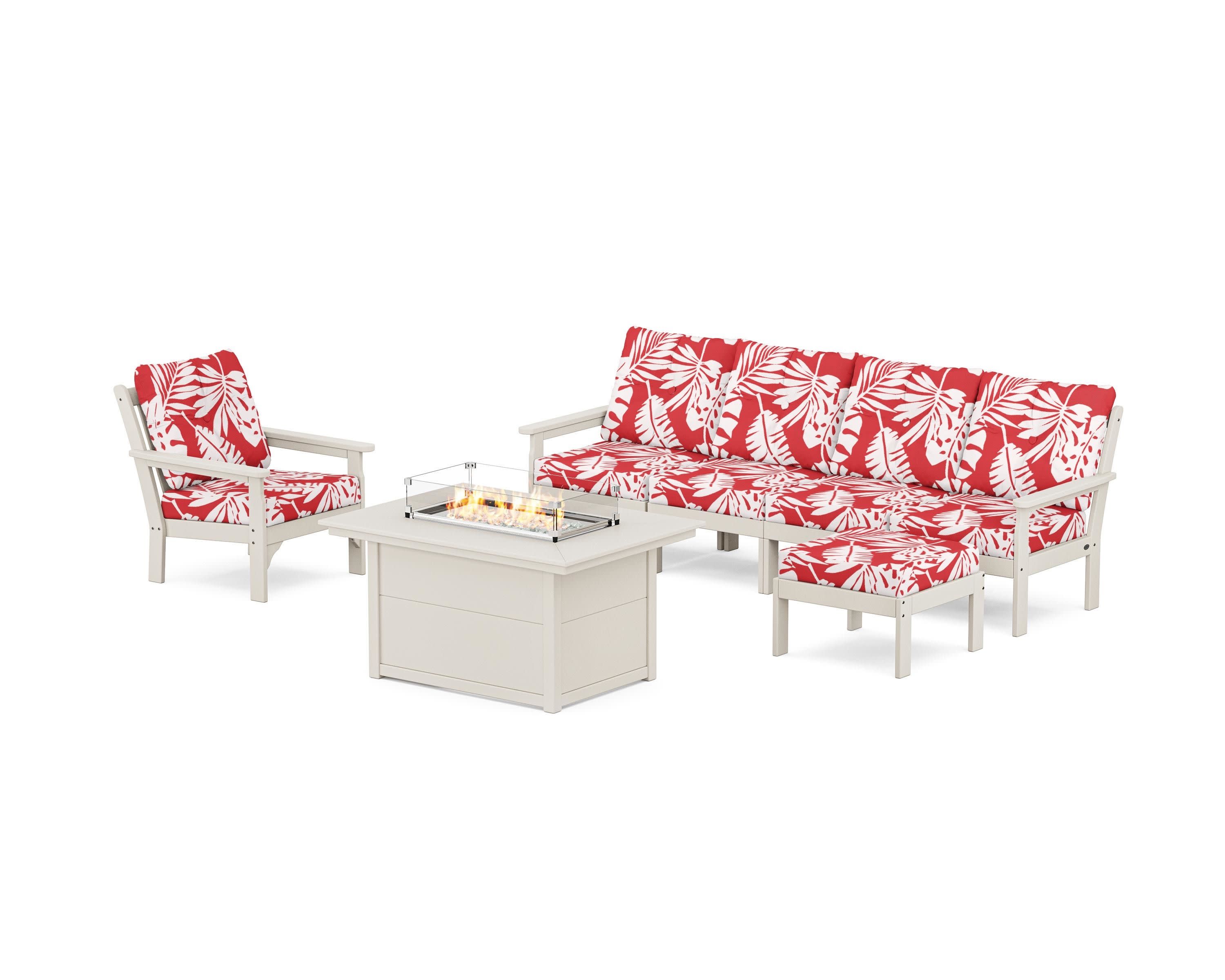 Vineyard Sectional Lounge and Fire Pit Set in Sand / Leaf Crimson