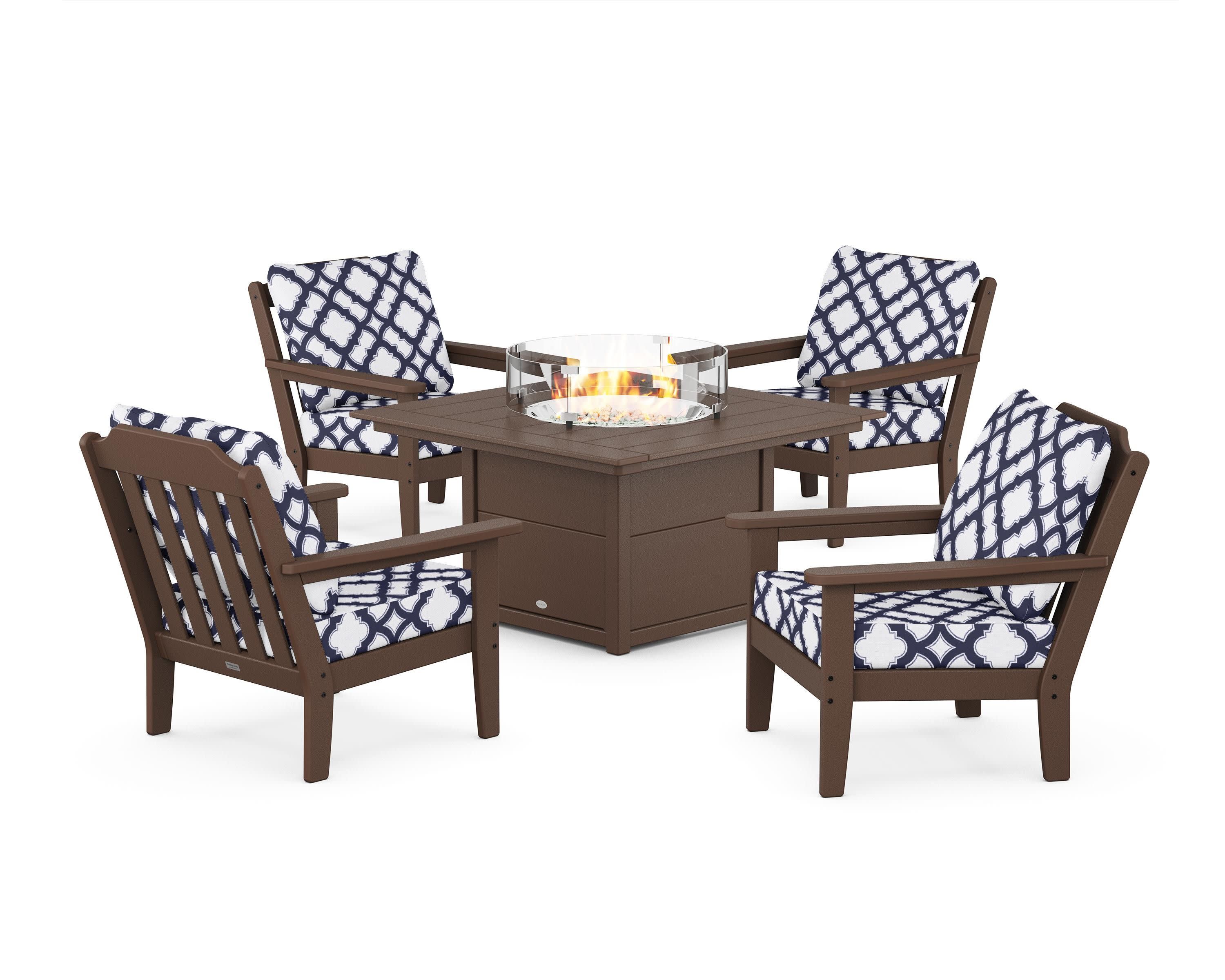 Cottage 5-Piece Deep Seating Set with Fire Pit Table in Mahogany / Trellis Navy