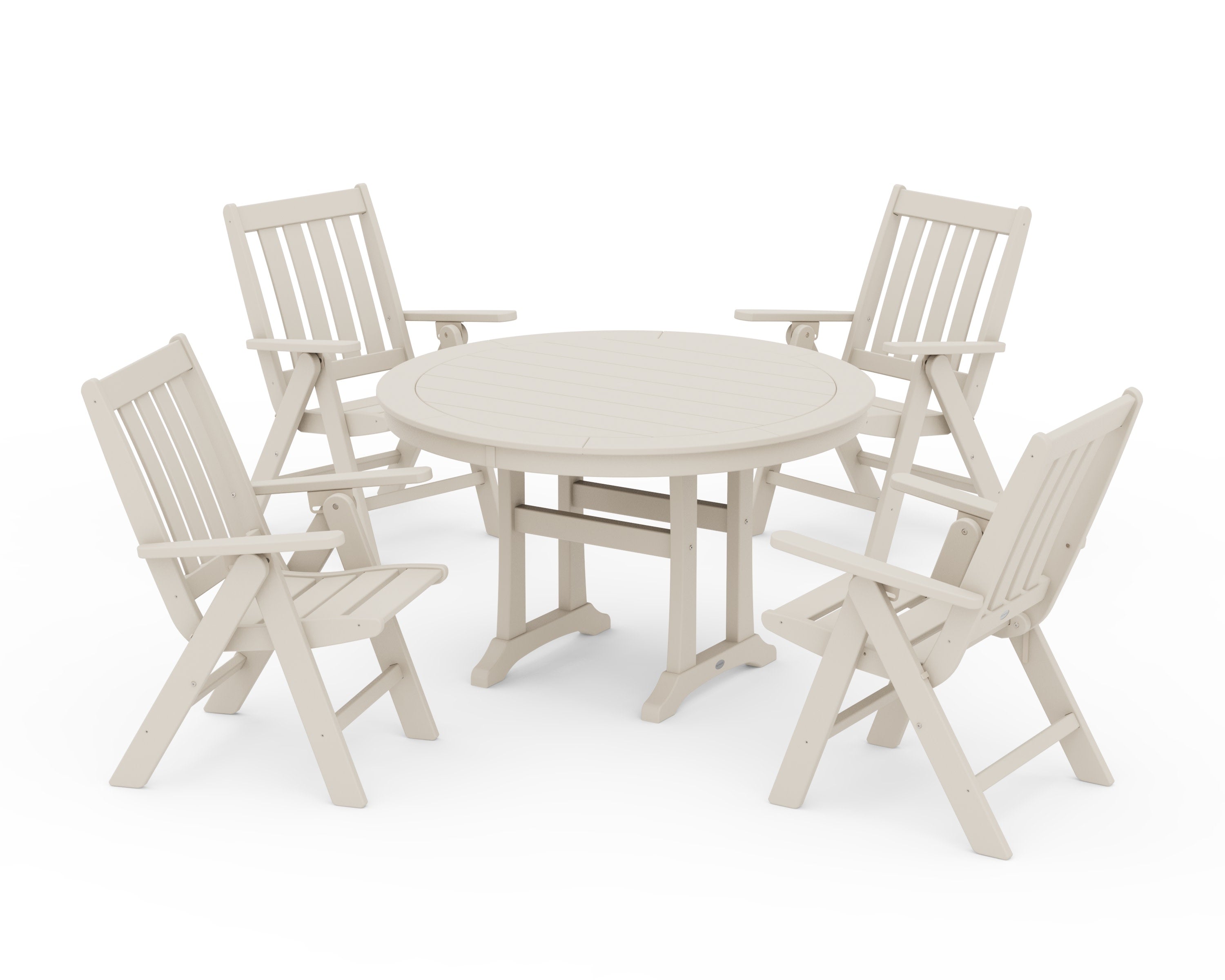 Vineyard Folding Chair 5-Piece Round Dining Set with Trestle Legs in Sand