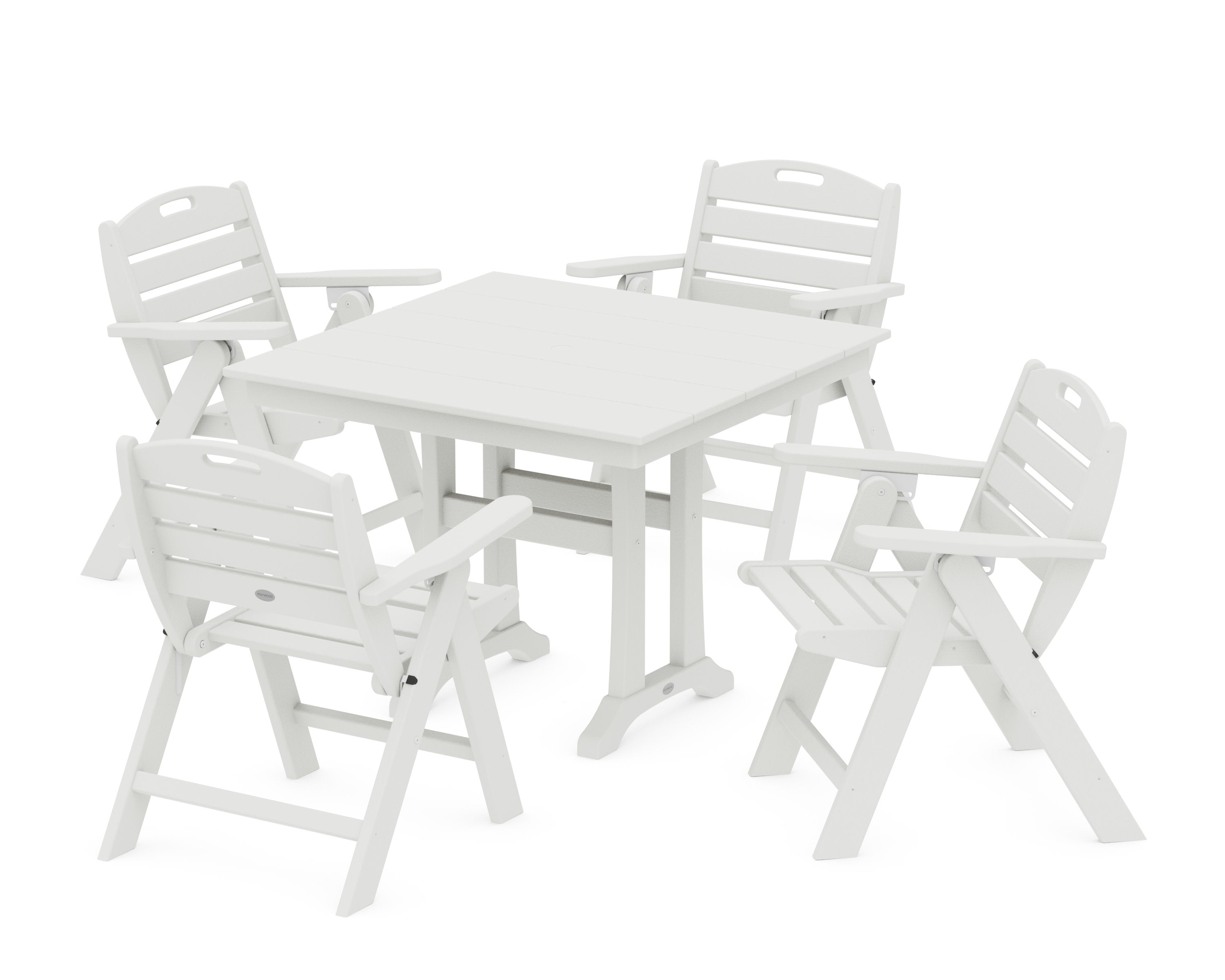 Nautical Folding Lowback Chair 5-Piece Farmhouse Dining Set With Trestle Legs in Vintage White