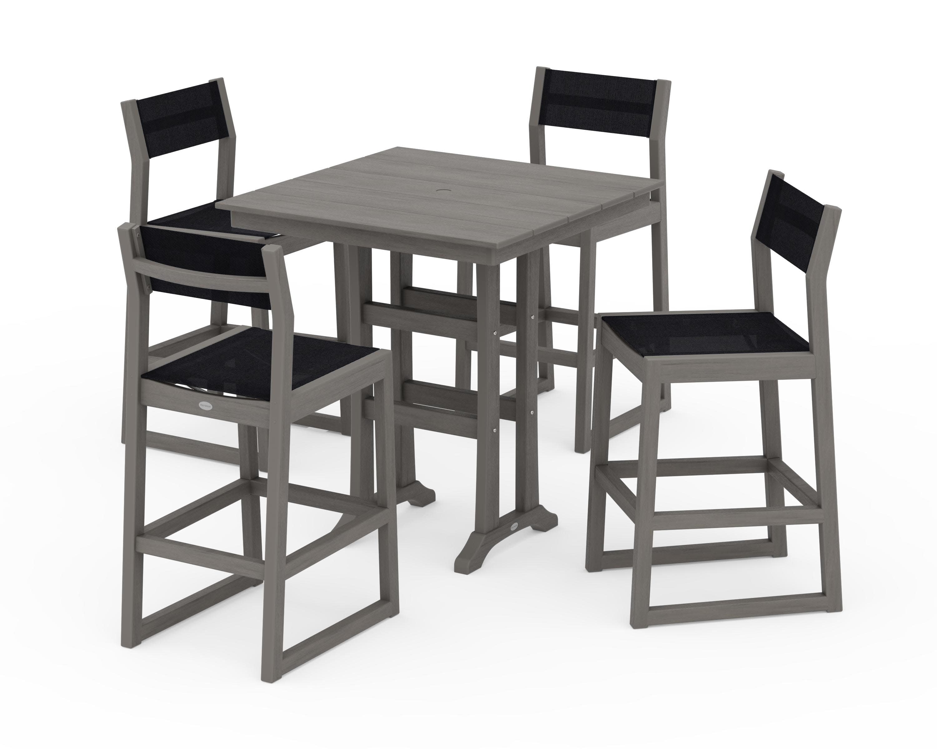 EDGE Sling Arm Chair 5-Piece Farmhouse Bar Set with Trestle Legs in Driftwood / Black Sling