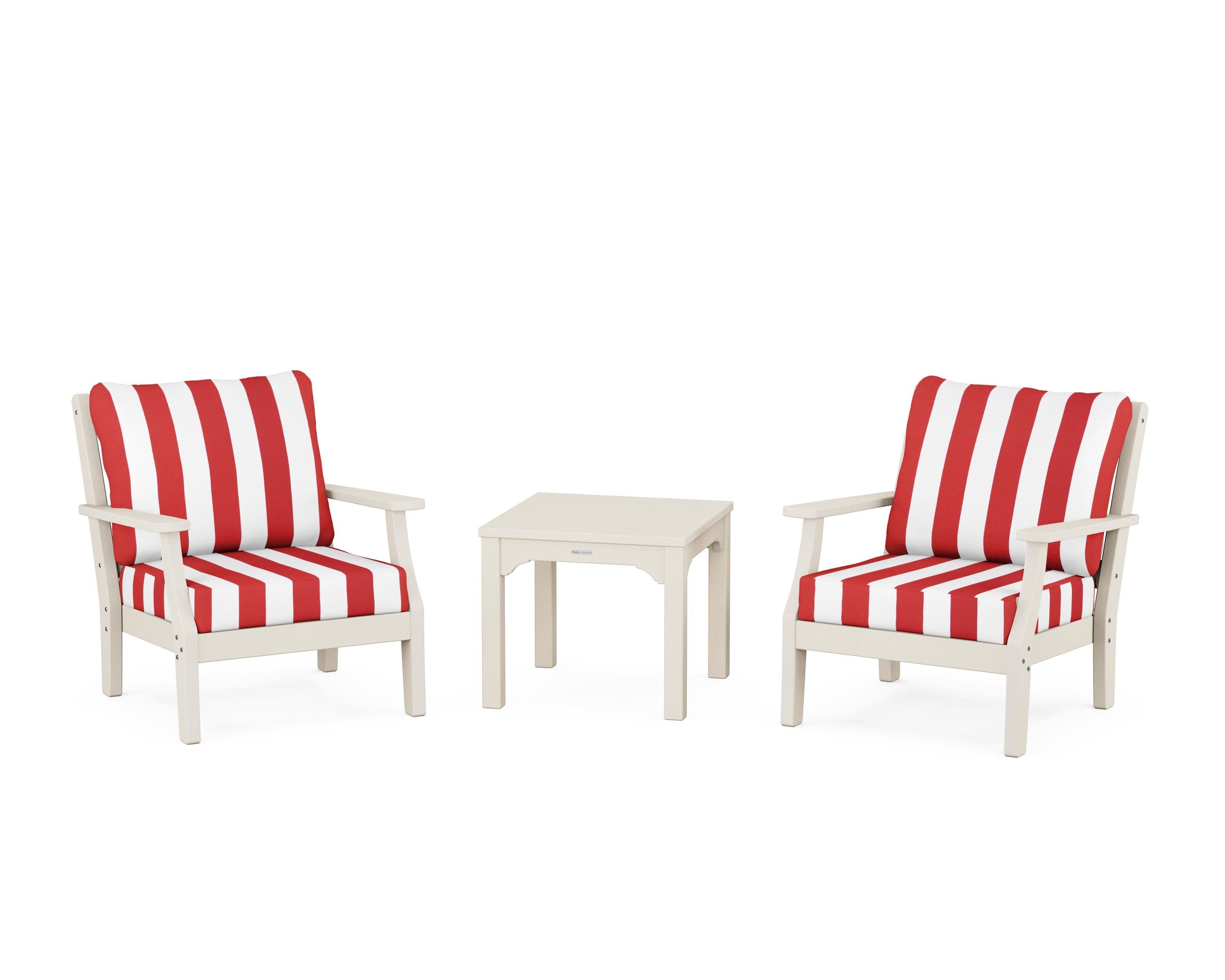 Chinoiserie 3-Piece Deep Seating Set in Sand / Cabana Stripe Crimson
