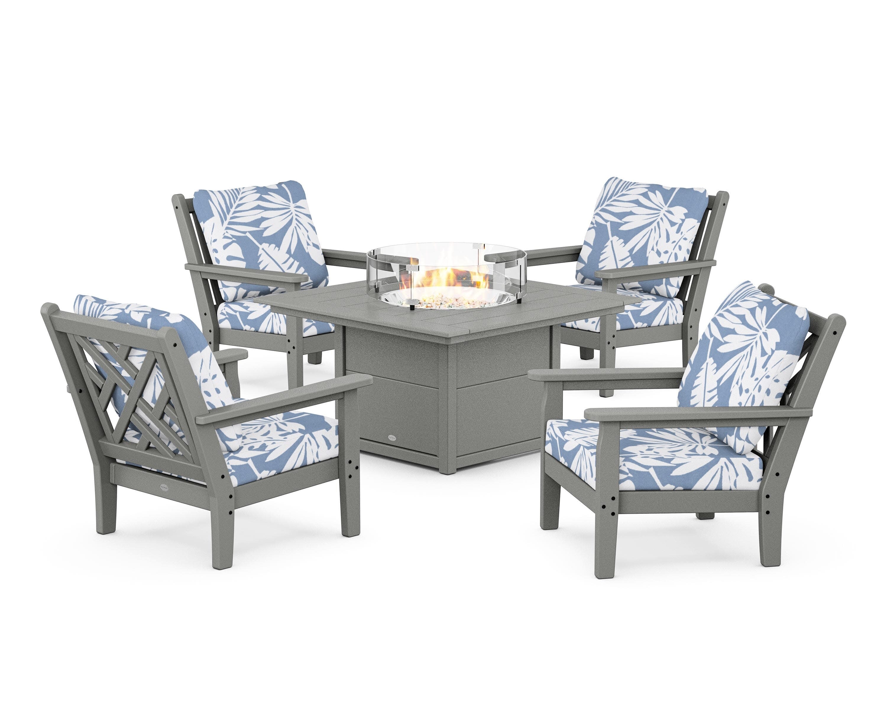 Chippendale 5-Piece Deep Seating Set with Fire Pit Table in Slate Grey / Leaf Sky Blue