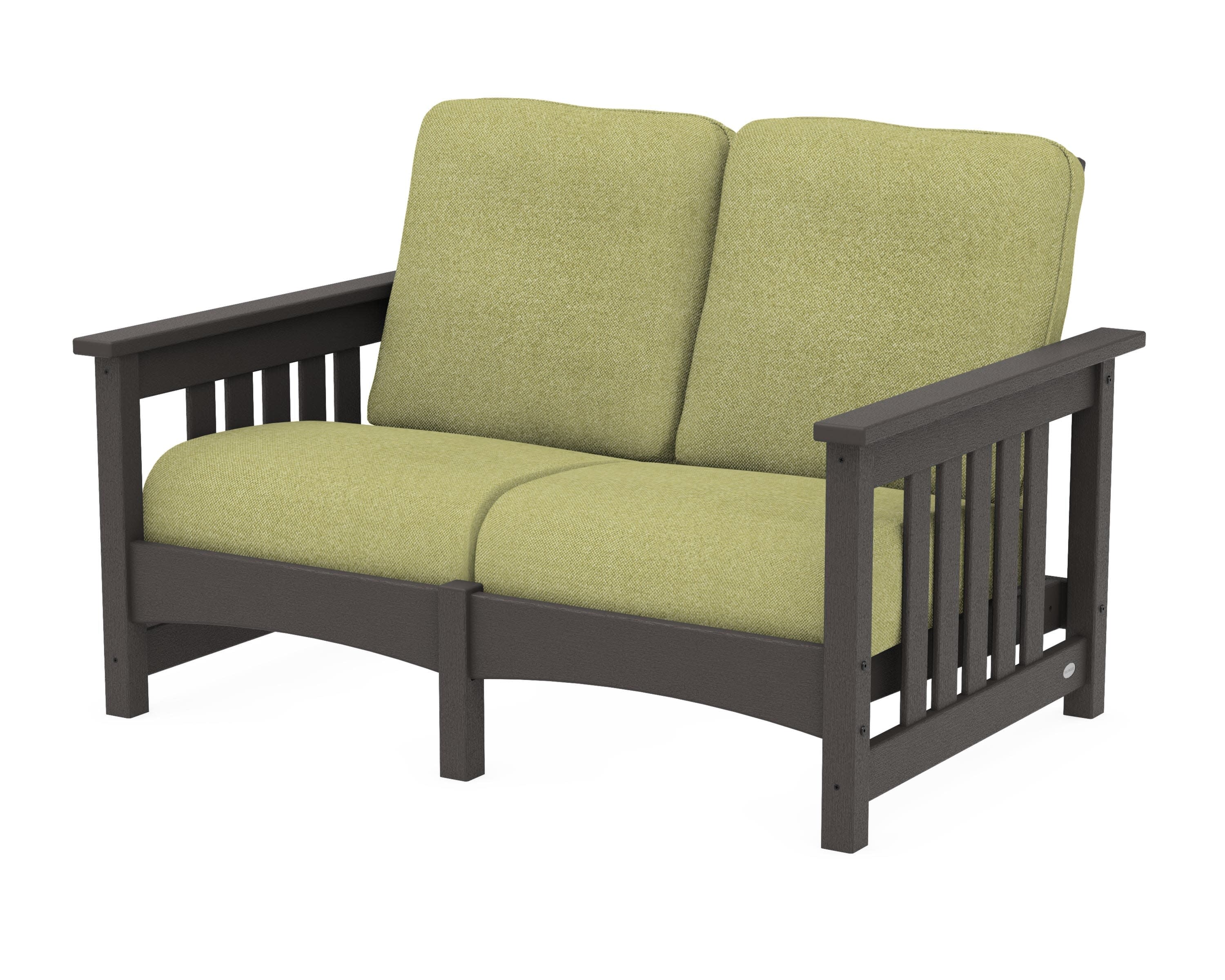 Club Mission Loveseat in Vintage Coffee / Chartreuse Boucle
