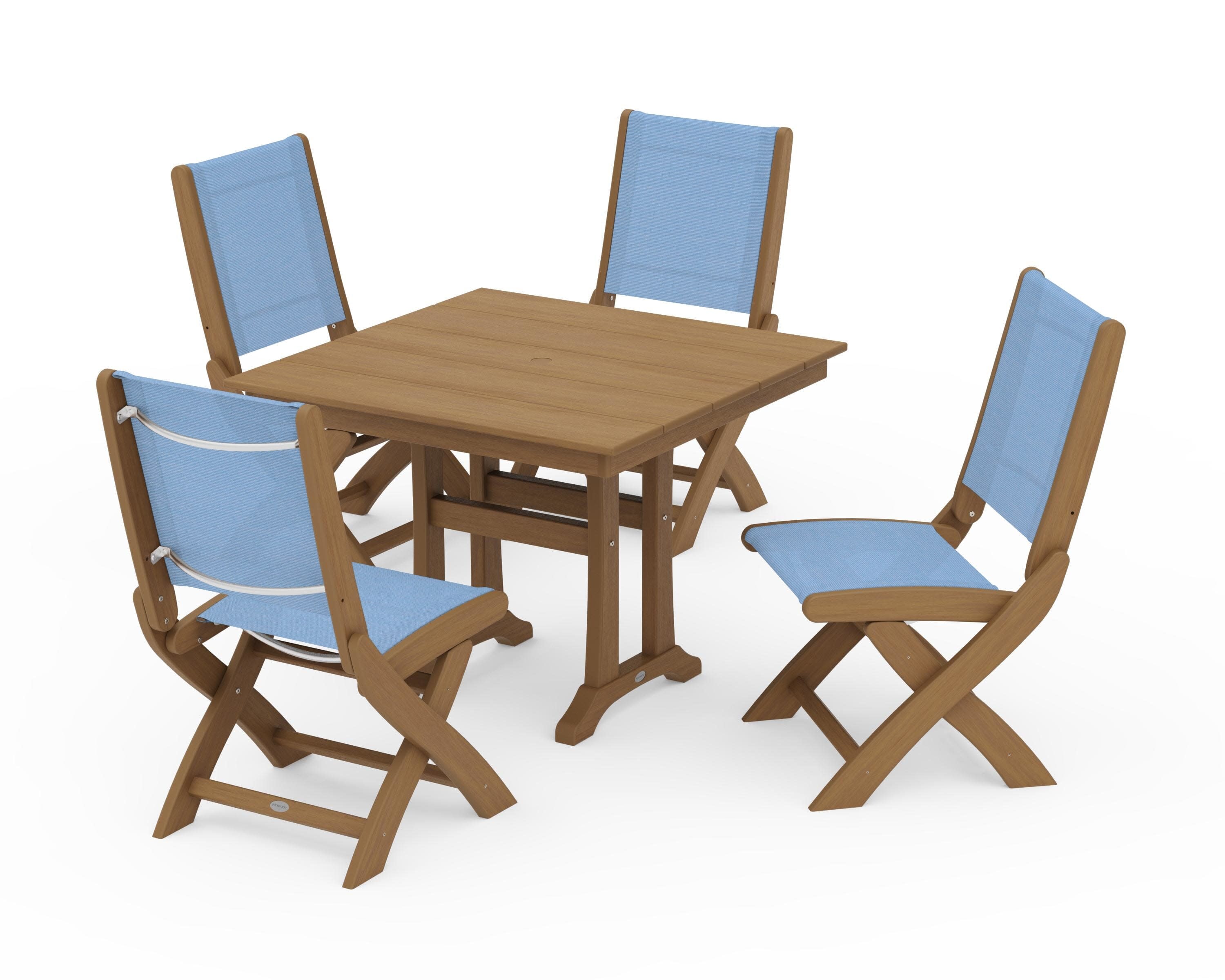 Coastal Folding Side Chair 5-Piece Farmhouse Dining Set With Trestle Legs in Natural / Poolside Sling
