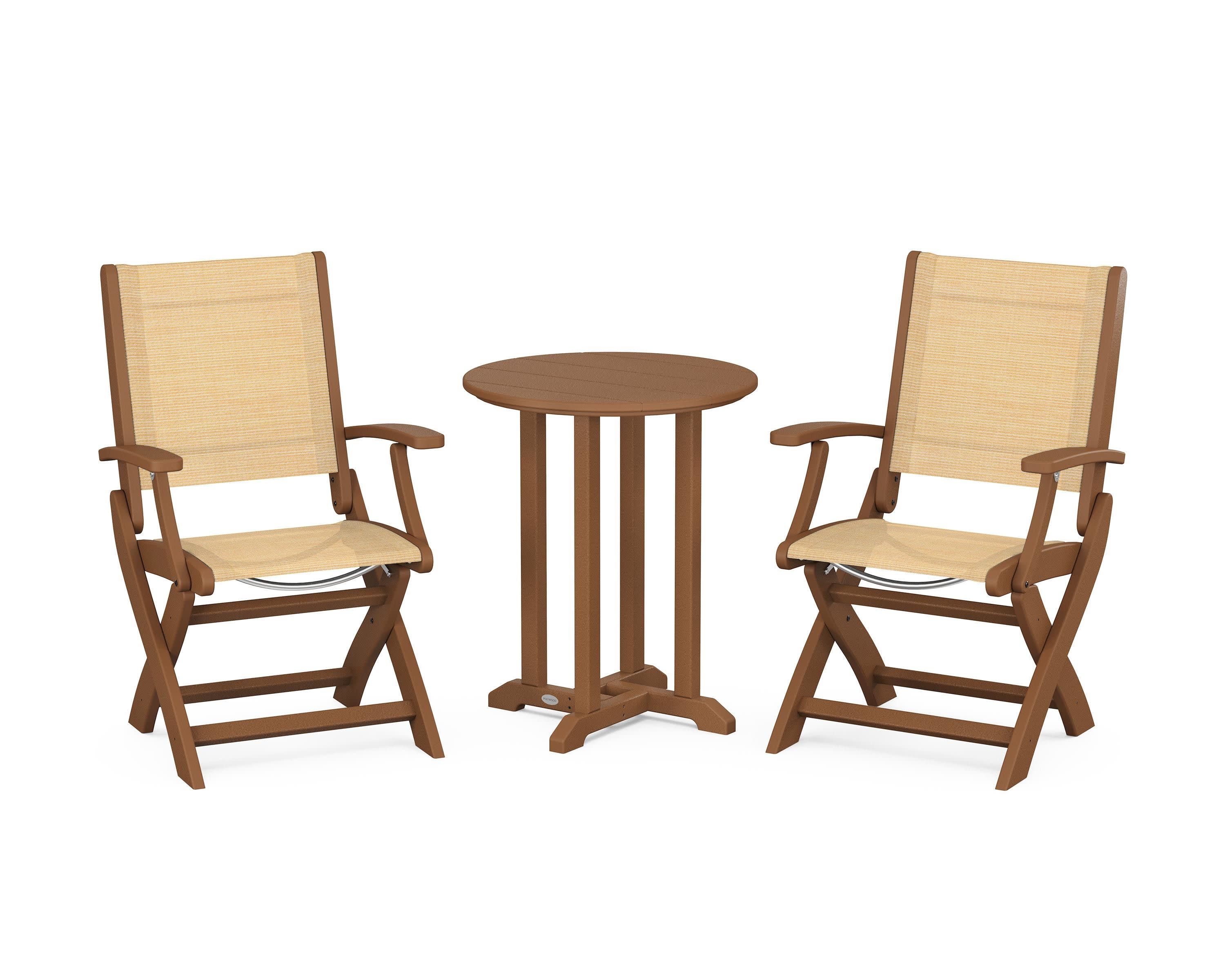 Coastal Folding 3-Piece Round Bistro Dining Set in Teak / Dupioni Apricot Sling