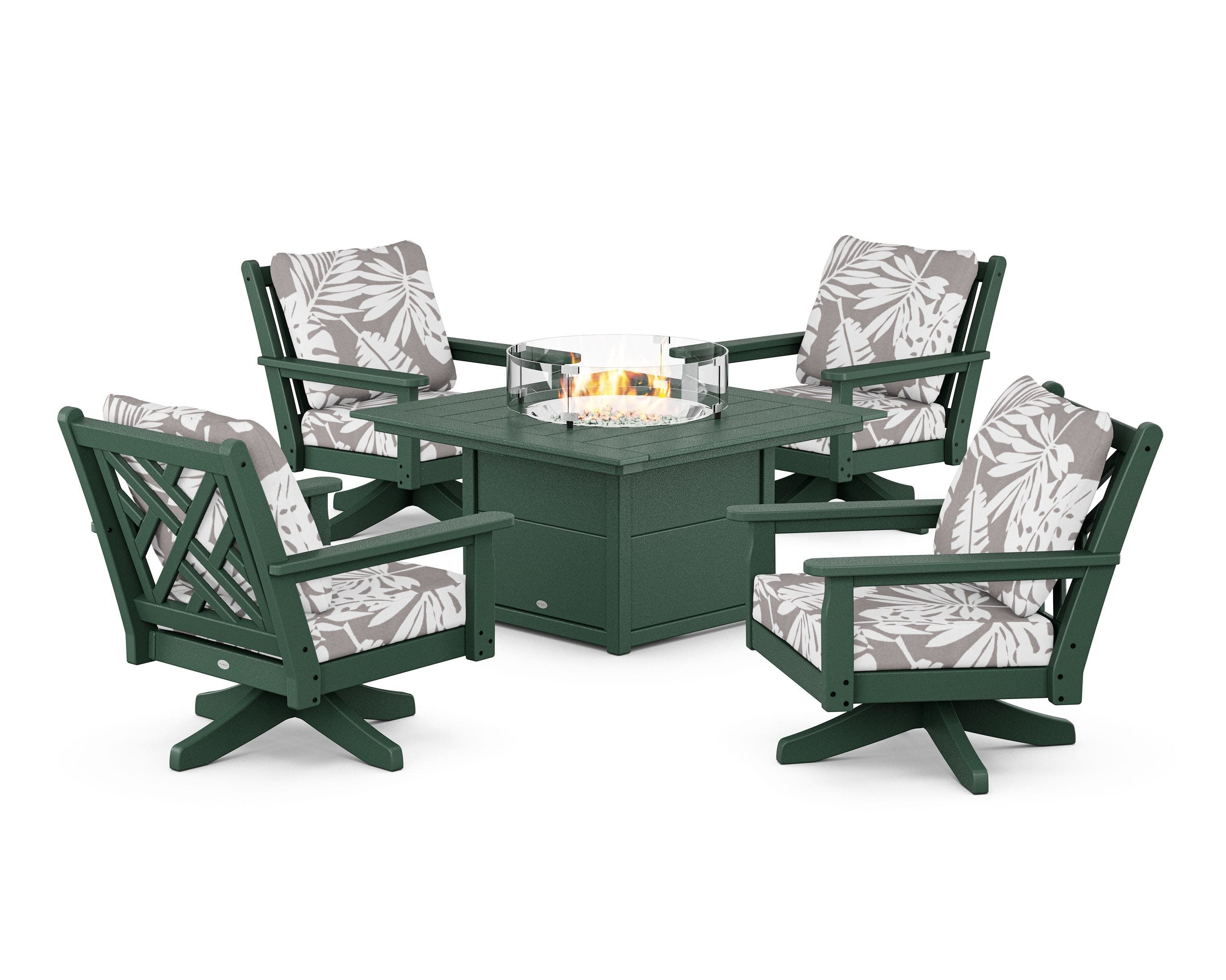 Chippendale 5-Piece Deep Seating Swivel Conversation Set with Fire Pit Table in Green / Leaf Grey Mist