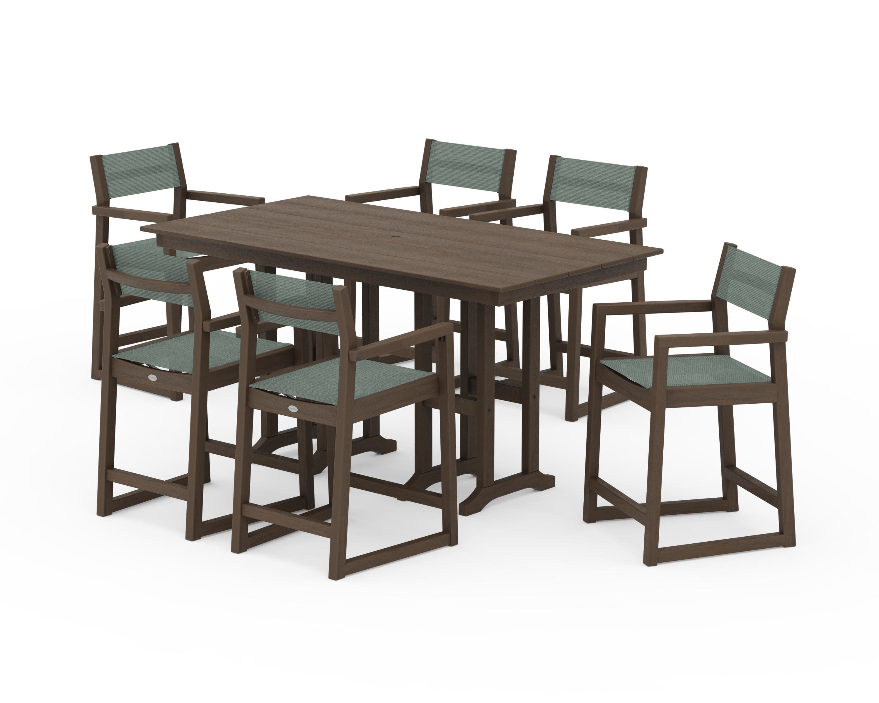 EDGE Sling Arm Chair 7-Piece Farmhouse Counter Set in Kona / Dupioni Sea Mist Sling