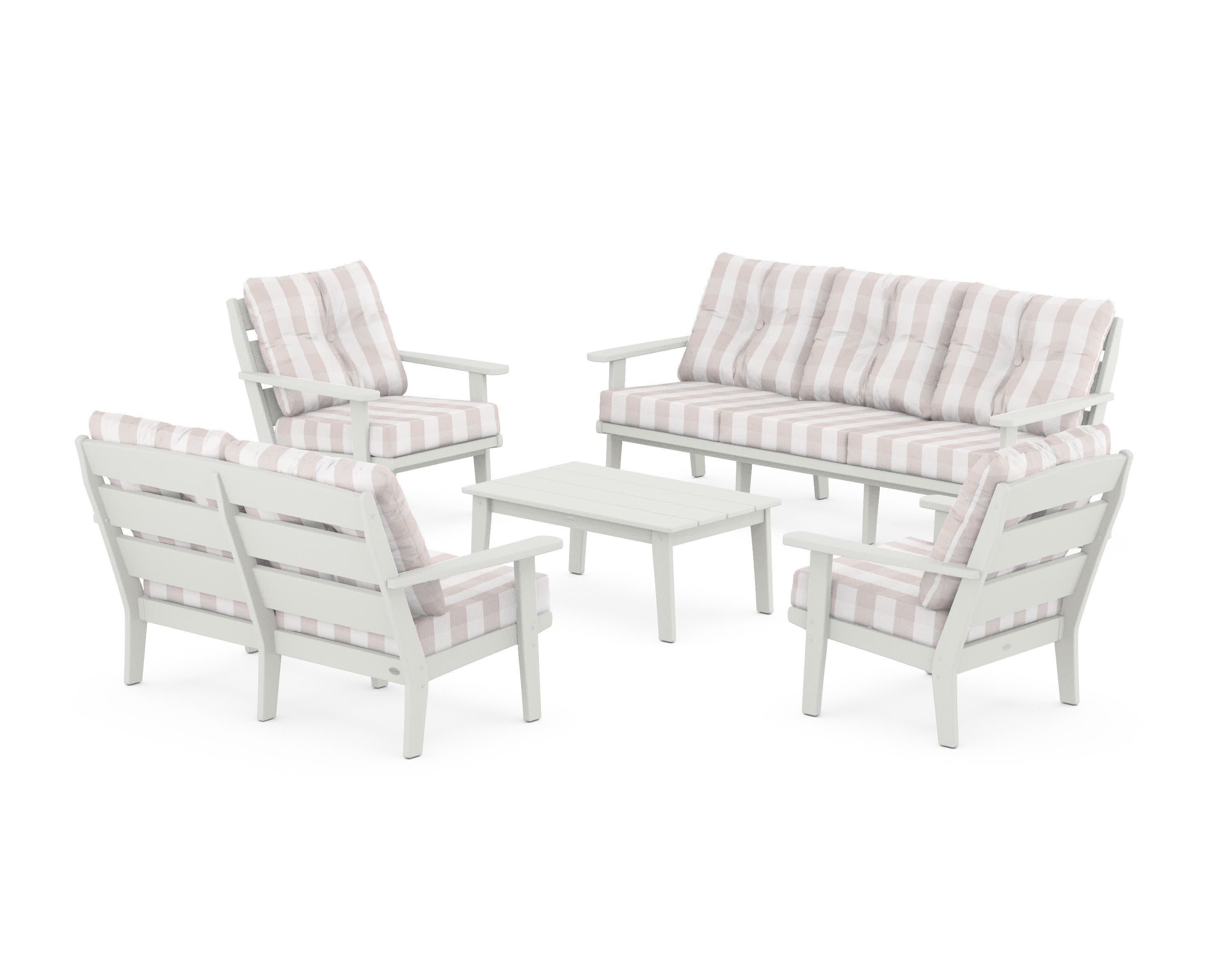 Lakeside 5-Piece Lounge Sofa Set in Vintage White / Buffalo Plaid Dune Burlap