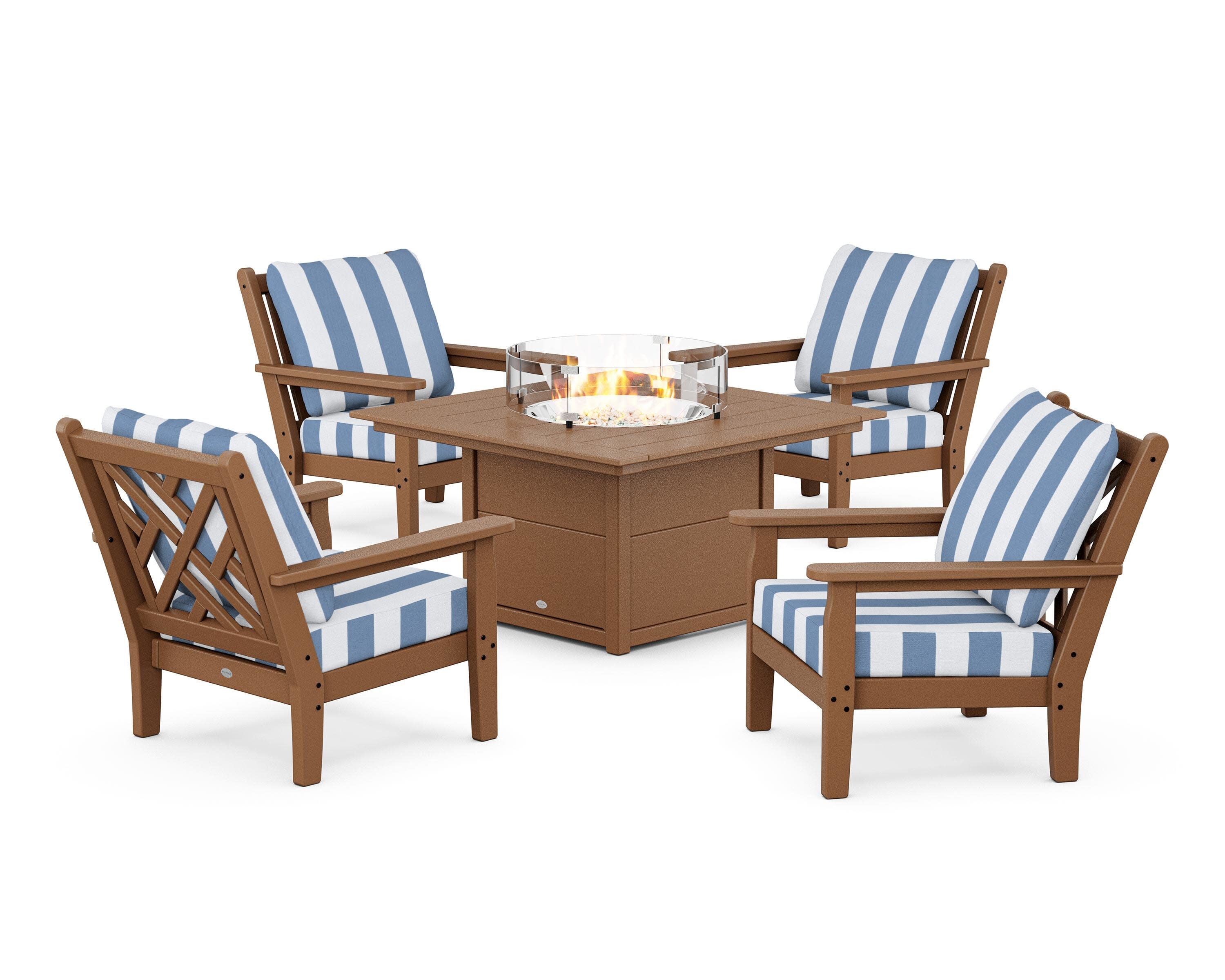 Chippendale 5-Piece Deep Seating Set with Fire Pit Table in Teak / Cabana Stripe Sky Blue