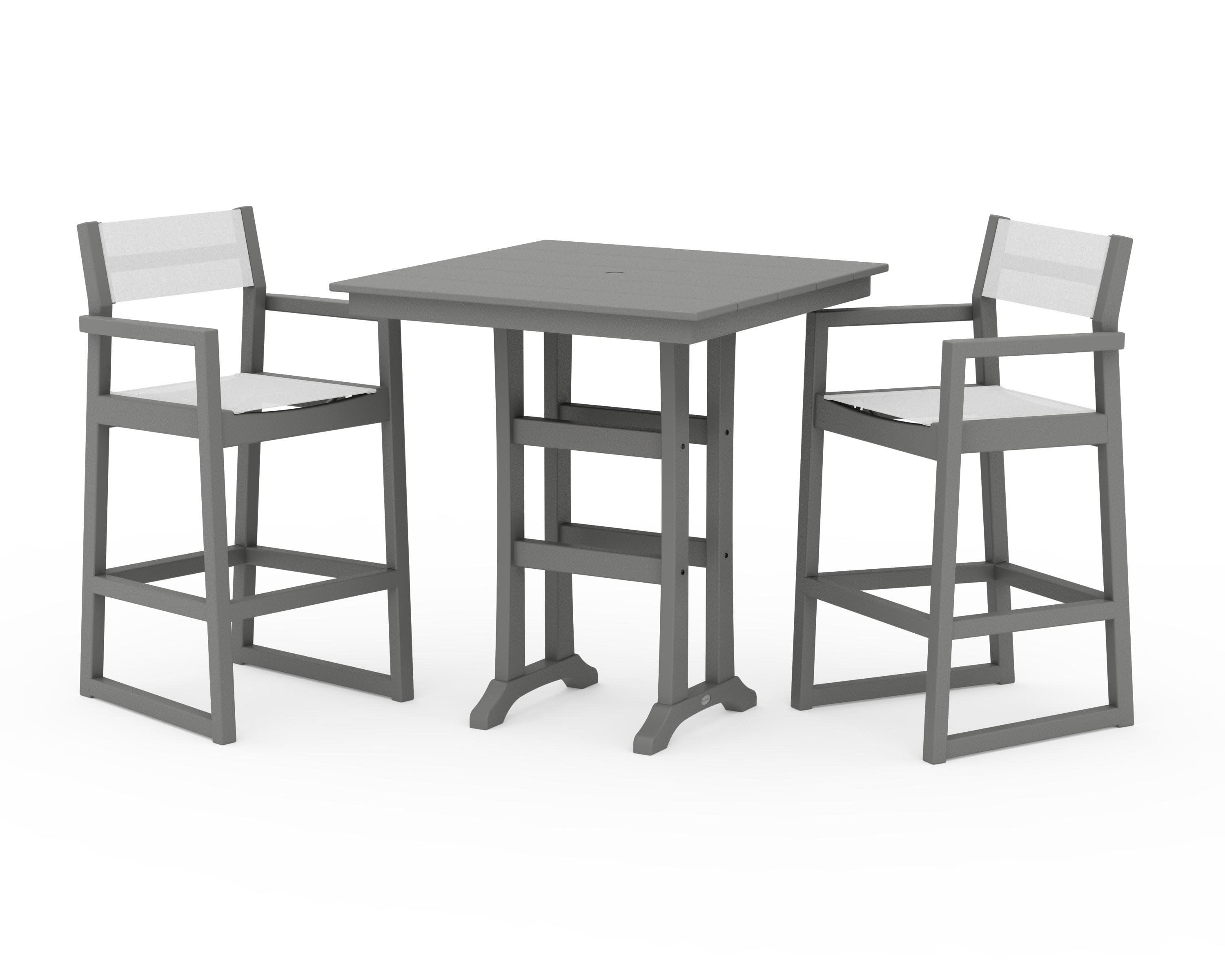 EDGE Sling Arm Chair 3-Piece Farmhouse Bar Set with Trestle Legs in Slate Grey / White Sling