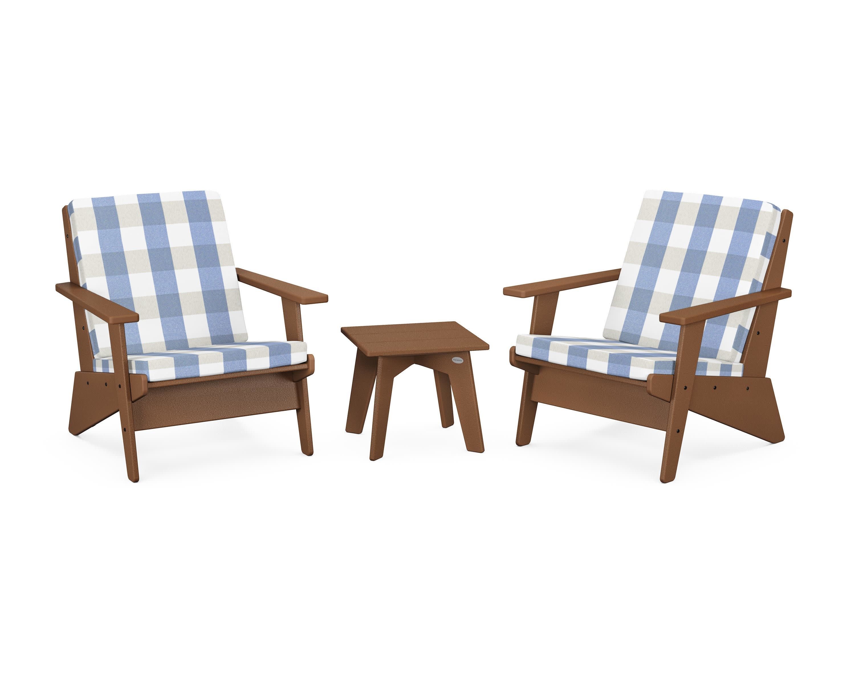 Riviera Modern Lounge 3-Piece Set in Teak / Buffalo Plaid Sky Blue